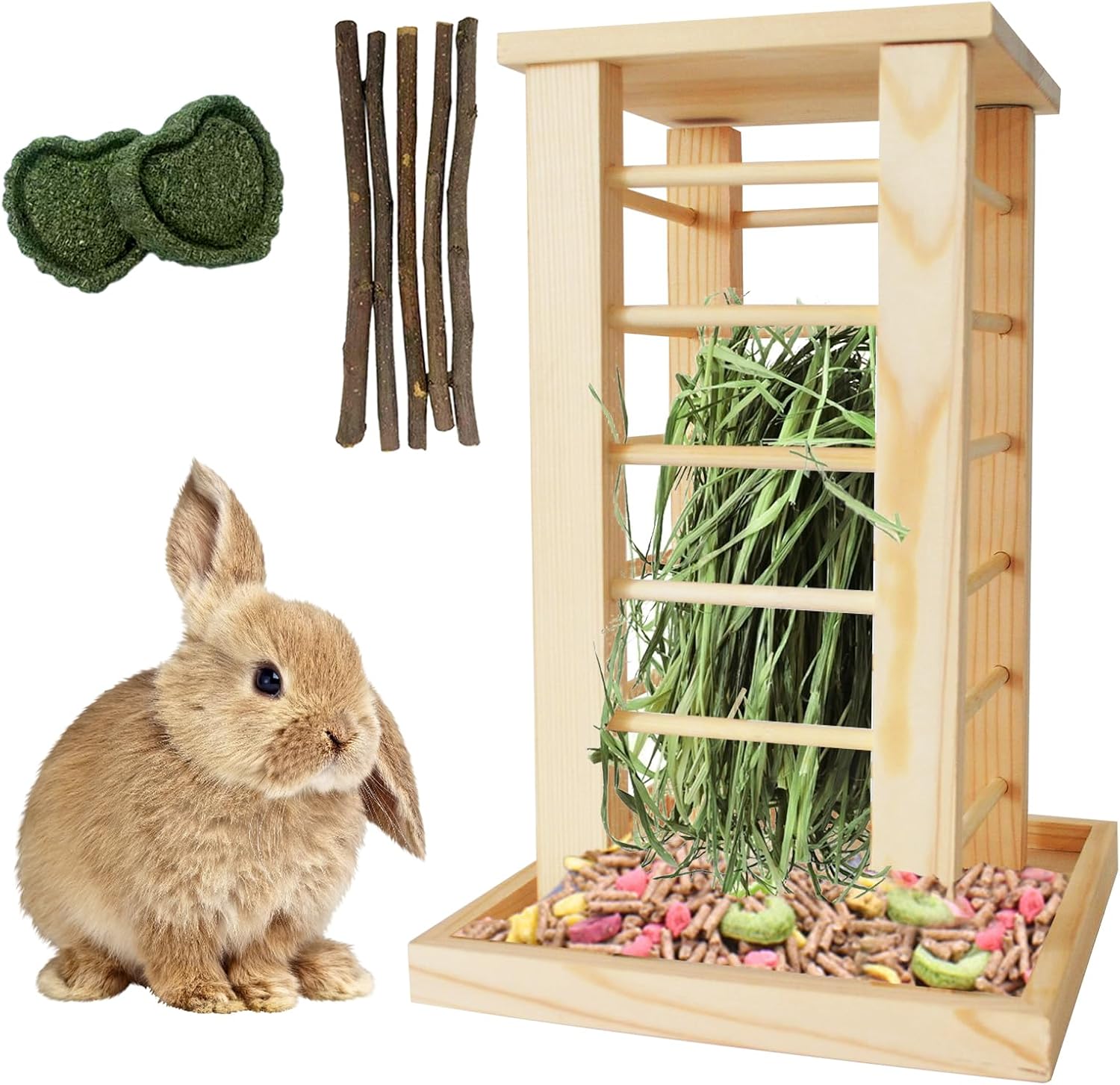 kathson Rabbit Wooden Hay Feeder,Wooden Rabbit Hay Rack Less Wasted Guinea Pig Hay Holder Wood Small Animal Hay Feeder Self Standing Cage Accessories for Chinchillas Hamsters Bunny