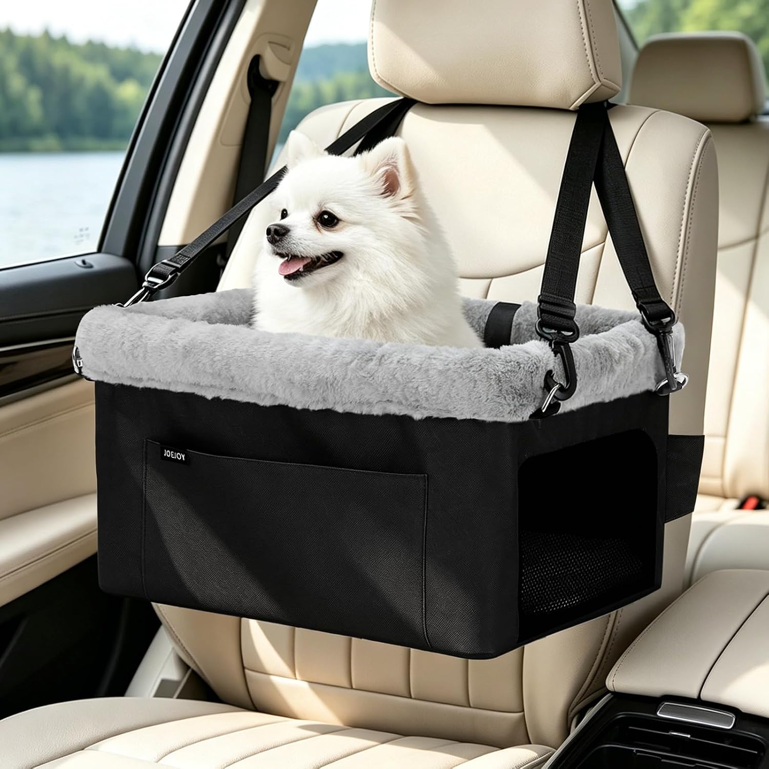 JOEJOY Deluxe Dog Booster Seat with Sturdy Metal Frame and Safety Leash for Small Pets up to 20 lbs – Portable Puppy Dog Car Seat with Thick Cushion and Storage Pockets for Small Dogs, Black