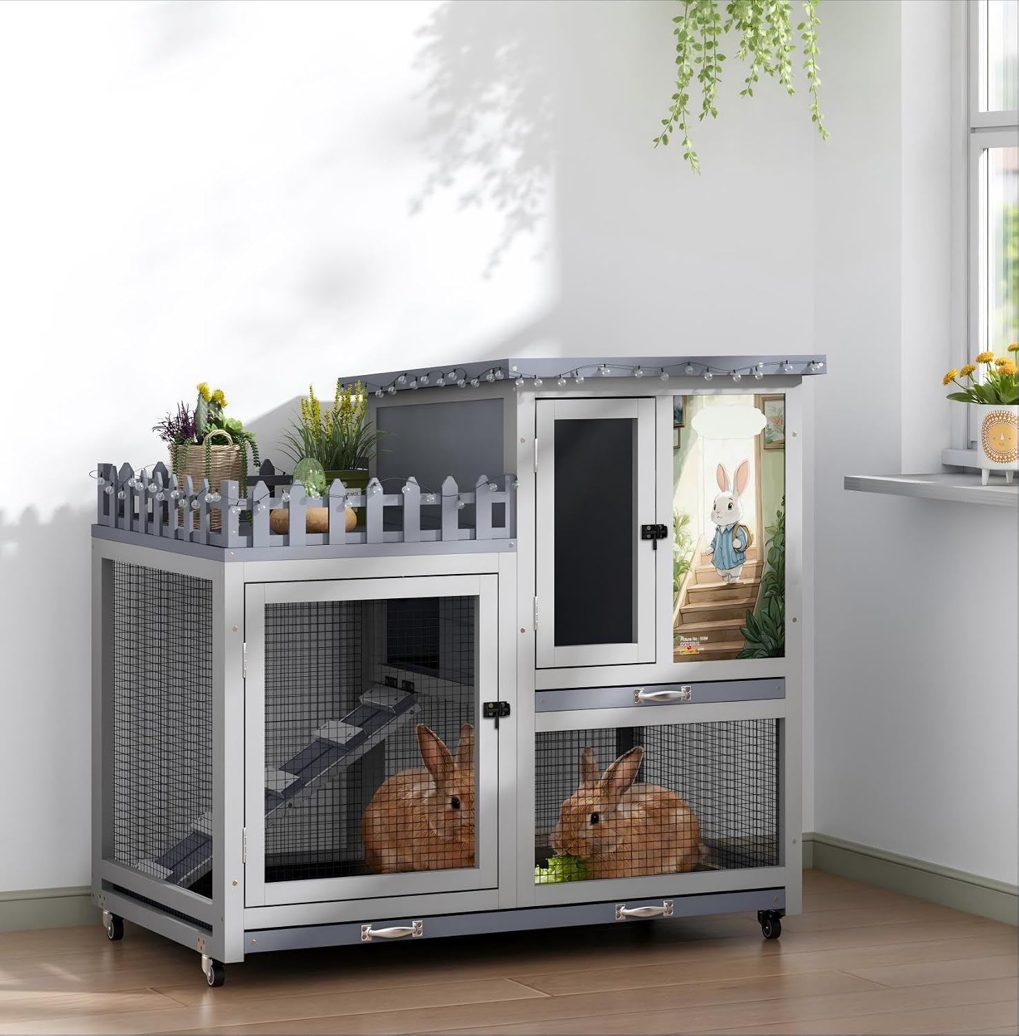 Wood Rabbit Hutch with Balcony Small Animal House Bunny Cage on Wheels