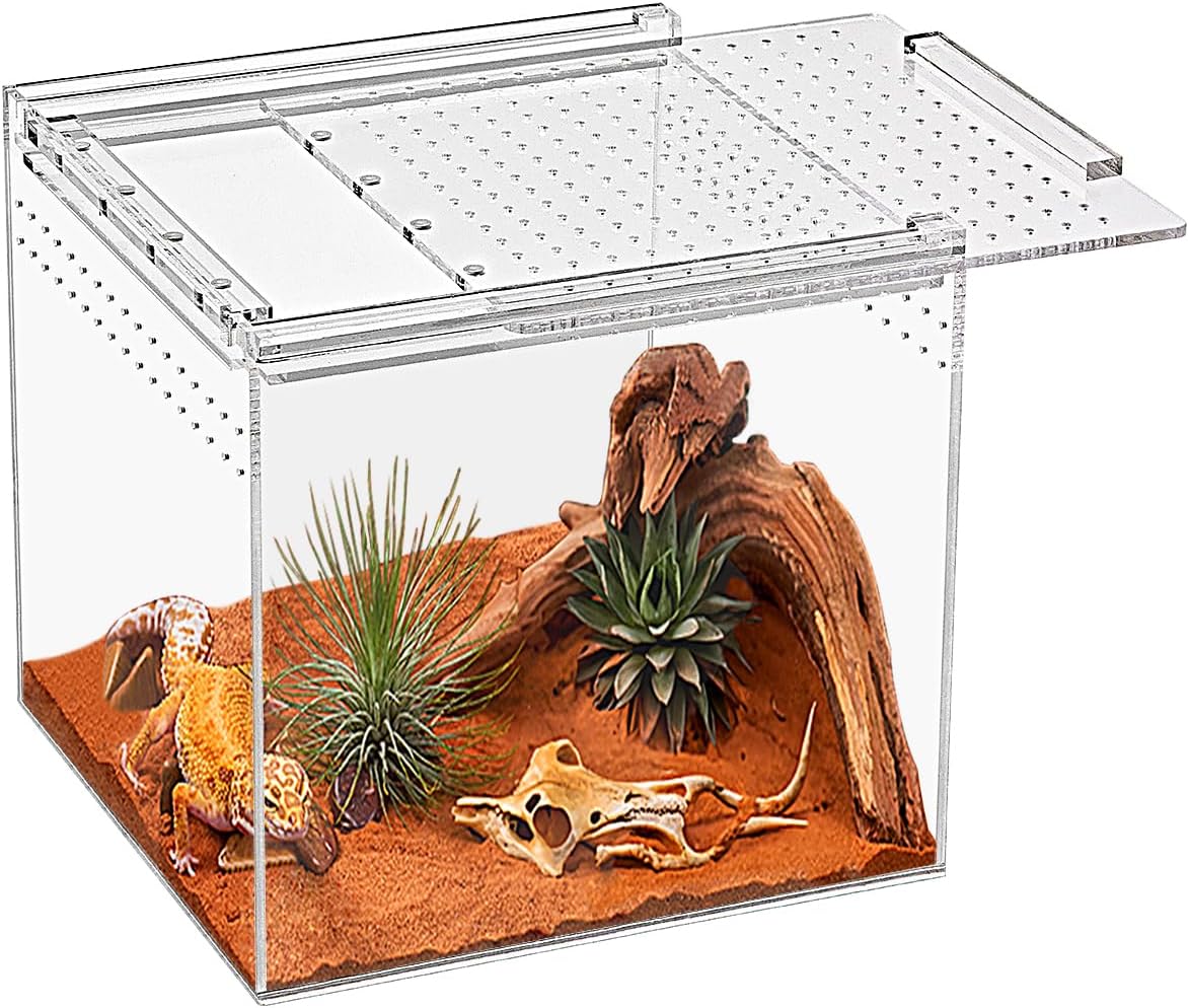 Reptile Terrarium,6.8″ x 6.8″x 6″ Reptile Breeding Box, Magnetic Acrylic Enclosure，for Tarantula，Hermit Crab，Jumping Spider，Iguana，Leopard Gecko，Bearded Dragon, Insect, Mantis, Scorpions.