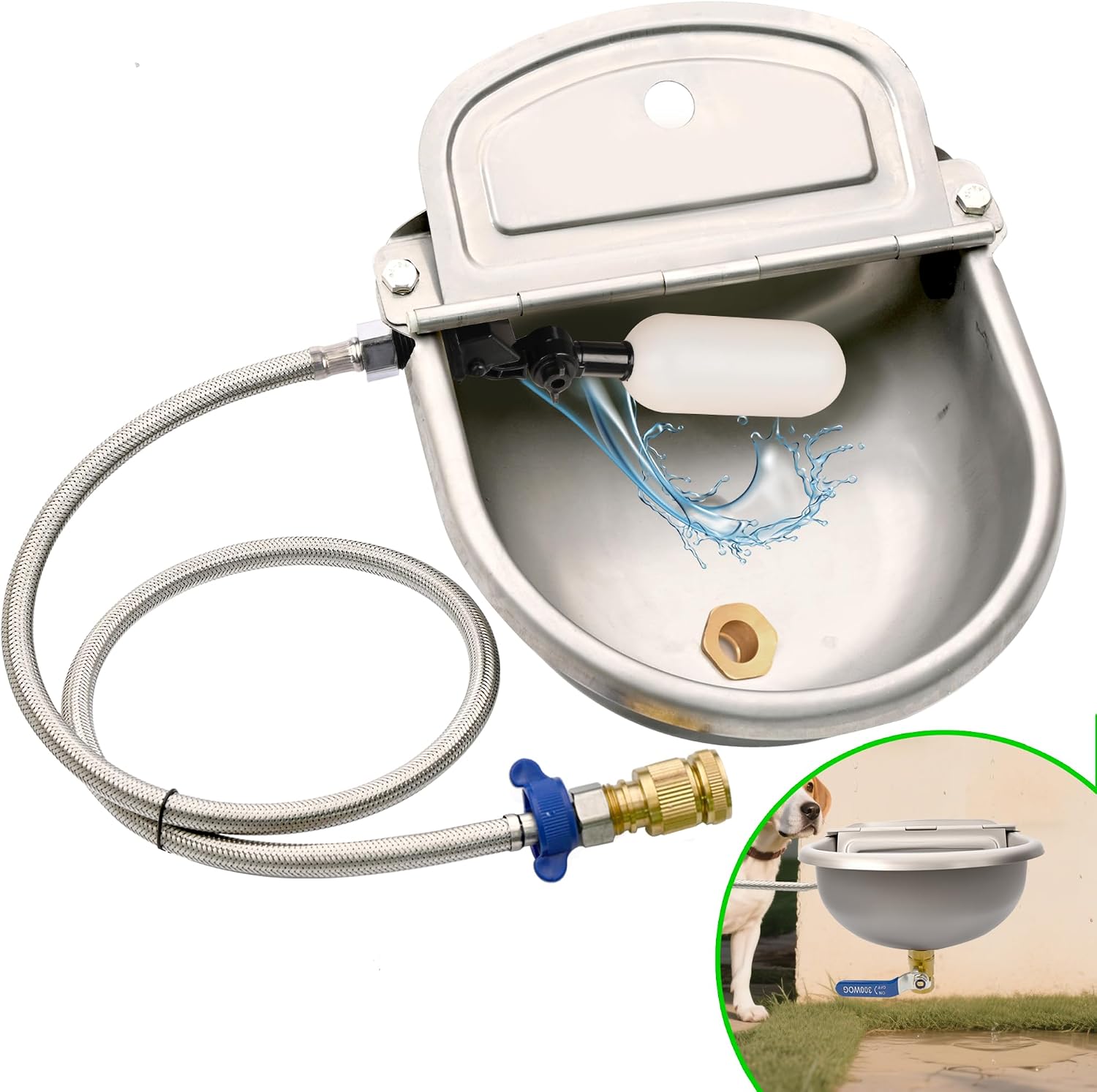 Automatic Dog Water Dispenser with Drain Hole & Drain Valve, Stainless Steel Auto Dog Water Bowl with Float Valve, Hose Quick Connect Fitting, for Livestock, Chicken, Horse (1 Gallon)