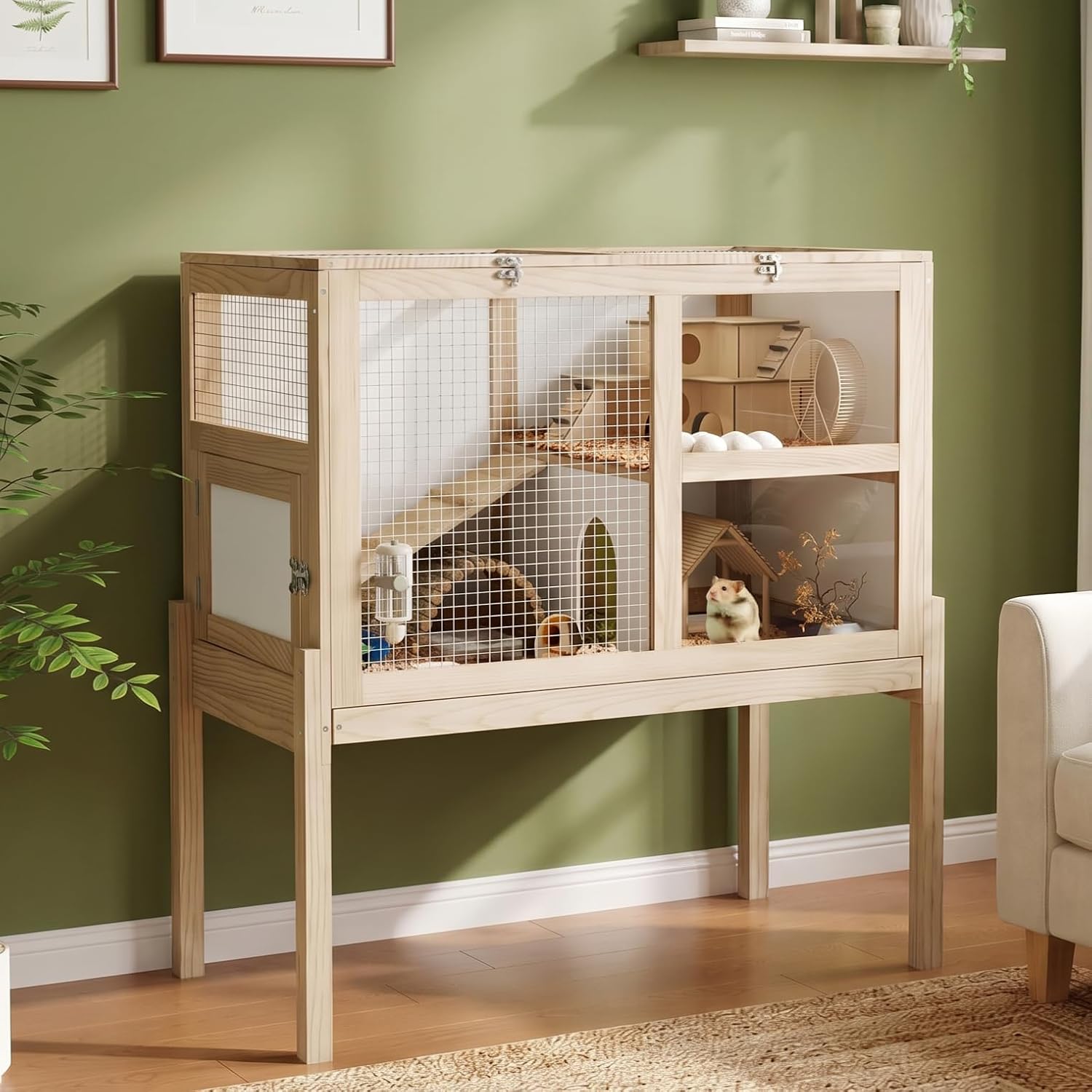 Timechee Large Indoor Wooden Guinea Pig Cage with Stand, 2-Story