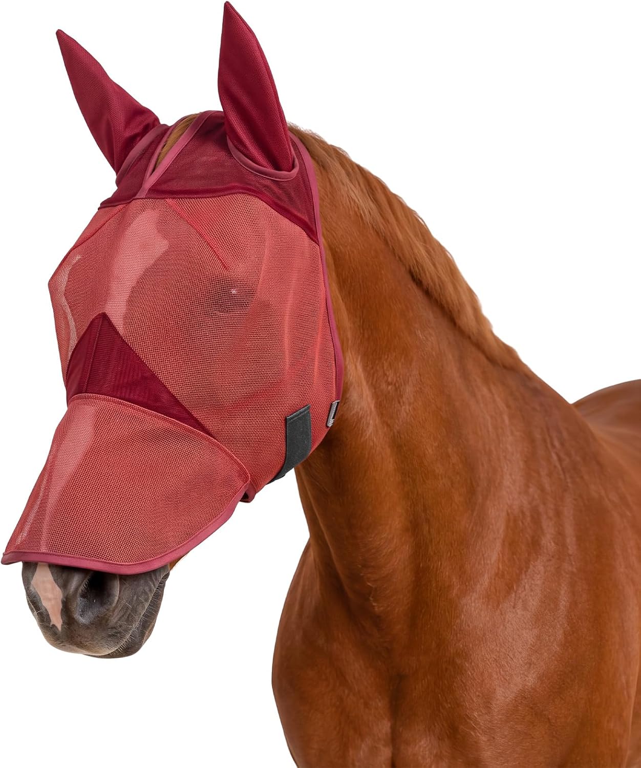 Dansydaisy Horse Fly Mask with Long Nose & Ears, Breathable Full Face Flymask, UV Block, 3D Eye Protection, for Quarter Horses, Warmbloods, Thoroughbreds, Other Standard Head-Type Horses (Burgundy)