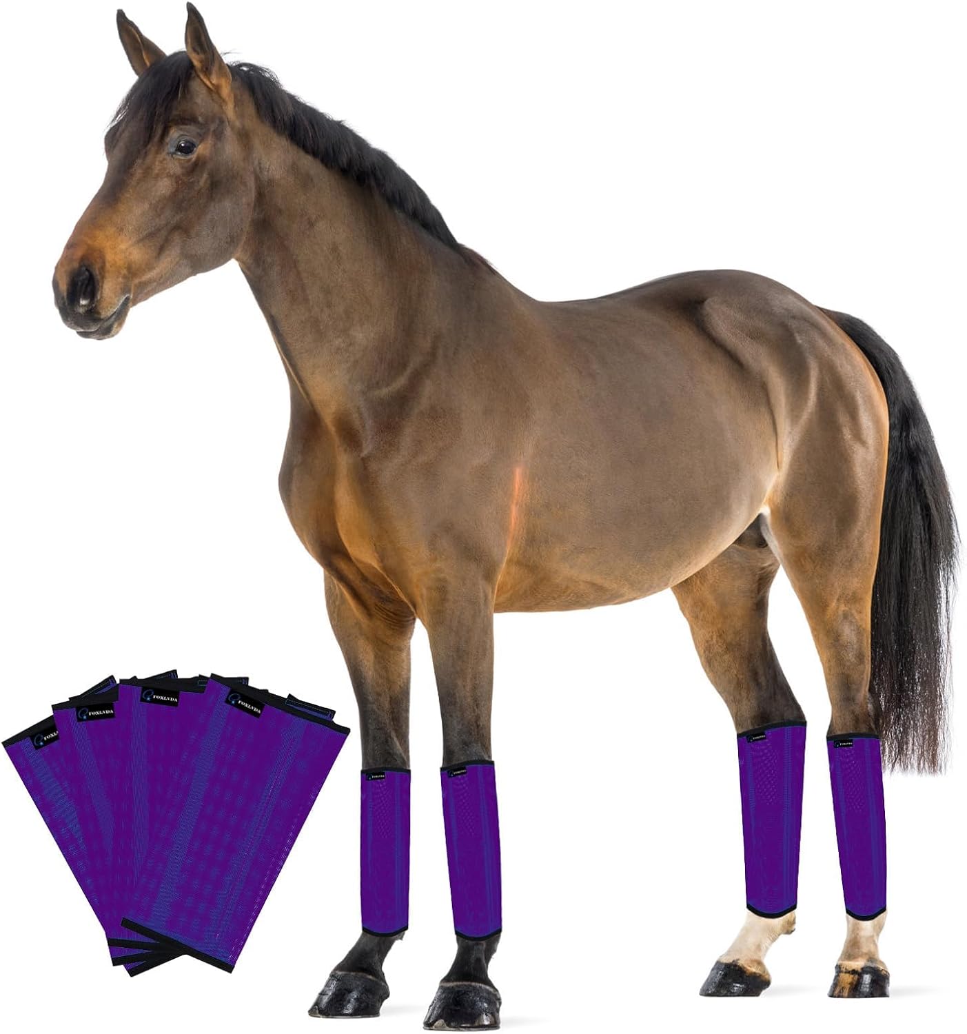 FOXLVDA Pony Fly Boots (Donkey/Mini Horse), Set of 4 – Loose Fitting Design, Breathable, Adjustable & UV Protective with Support Bars for Reduce Stomping & Leg Fatigue, 13hh-14.2hh (Purple, Medium)