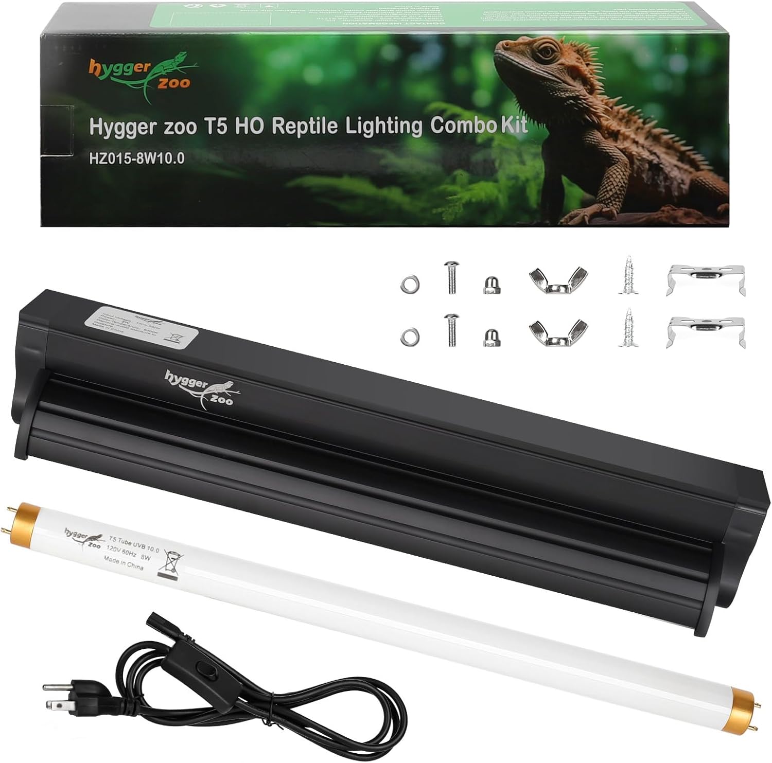 T5 UVB Reptile Light Fixture HO UVB Bulb Lighting Combo Kit, 10.0 UVB Light for Reptiles Terrarium Hood with 8W Reptile Light Bar UVA UVB Desert Lamp for Bearded Dragon Turtle Tank, 12 Inch