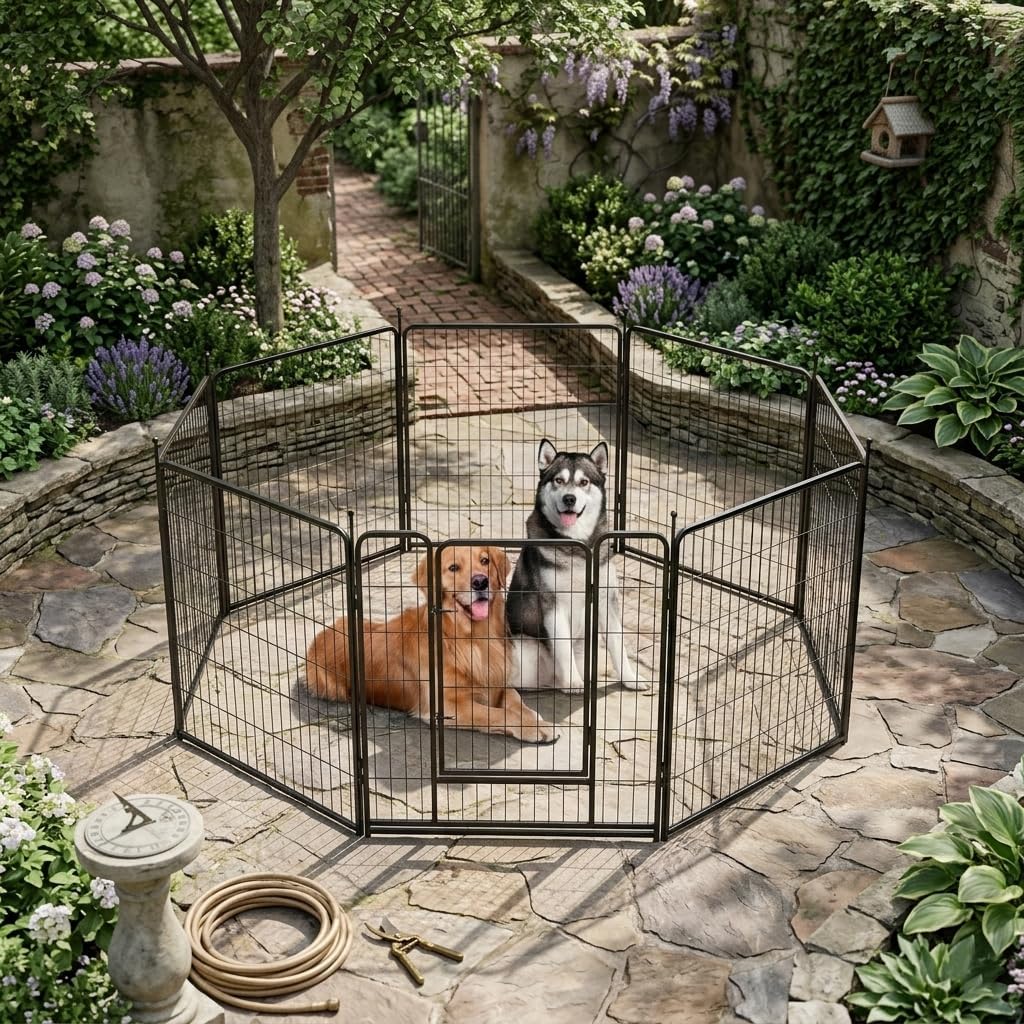 IDEALHOUSE Dog Playpen – 40″ h 8-Panel Heavy Duty Metal Pet Exercise Pen for Indoor/Outdoor Use, Wide Door with Low Threshold, Portable Puppy Enclosure for RV, Camping, Garden, Yard