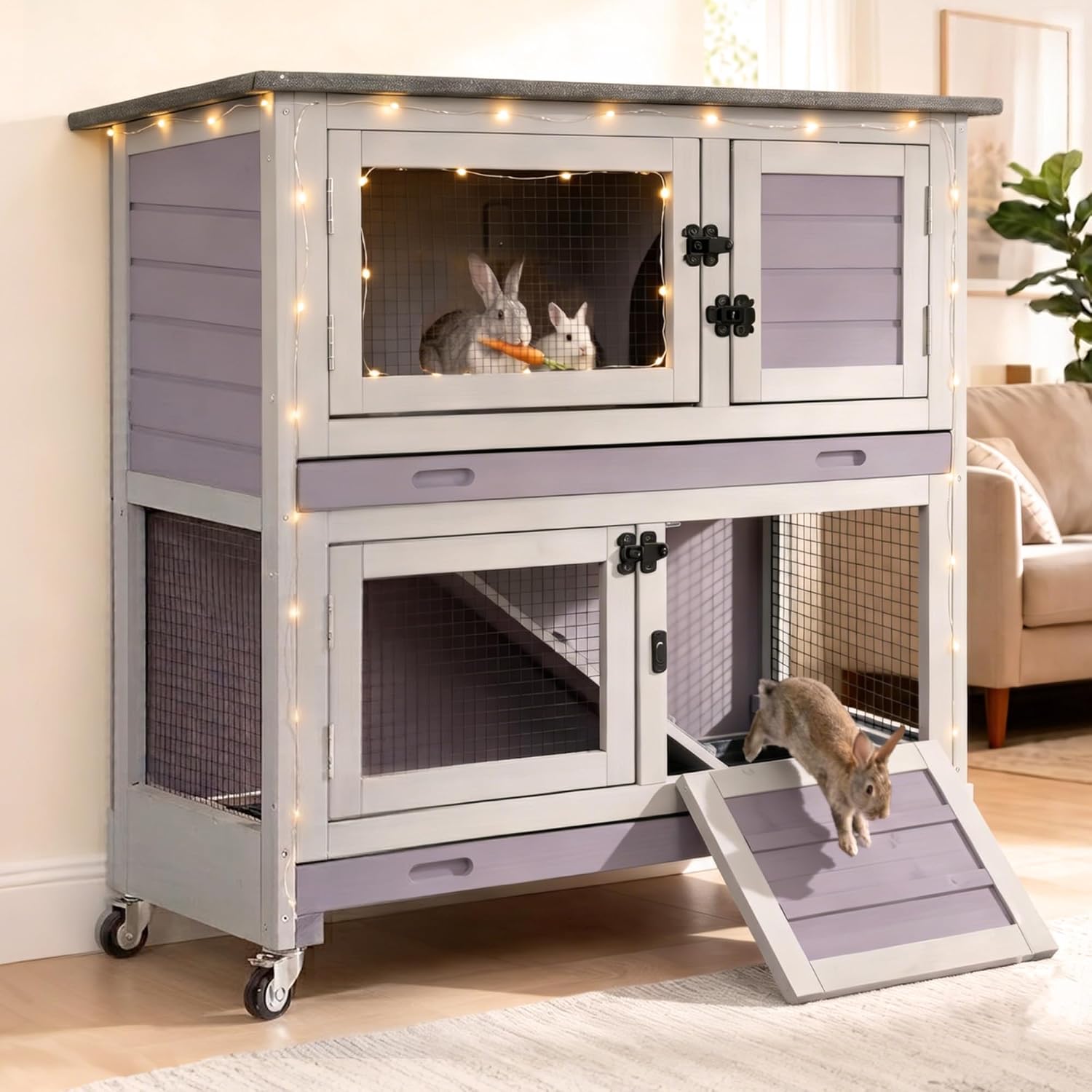 Suumerpety 36″ 2-Story Wooden Rabbit Hutch with Chew-Proof Ramp, Dual Leak-Proof Pull-Out Trays & 4 Lockable Wheels, Indoor Outdoor Bunny Cage for Rabbits & Guinea Pigs (Grey)