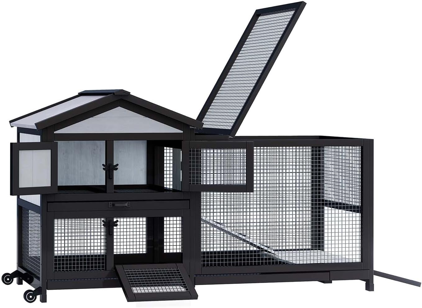 Rabbit Hutch 58″ Rabbit Cage Outdoor&Indoor 2-Story Chicken Coop Guinea Pig Cage on Wheels Bunny Cage with 3 Deep No Leakage Pull Out Tray,Waterproof Roof (Black)