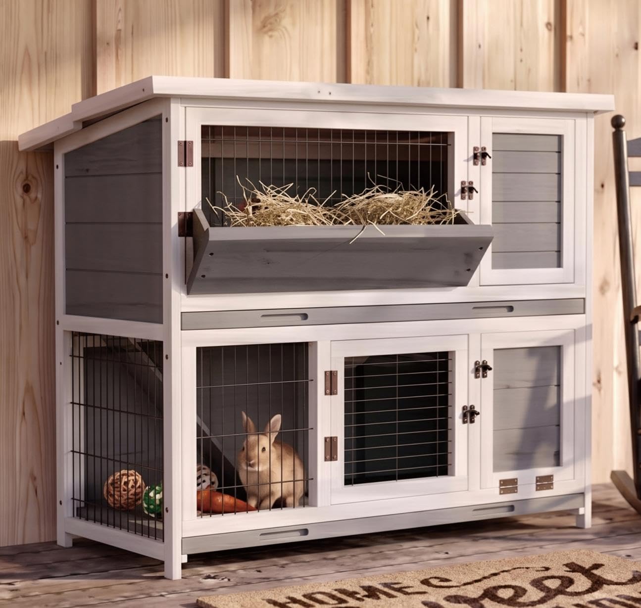STILLCOVE Large Rabbit Hutch Outdoor: 2-Story Bunny House with Hay Feeder