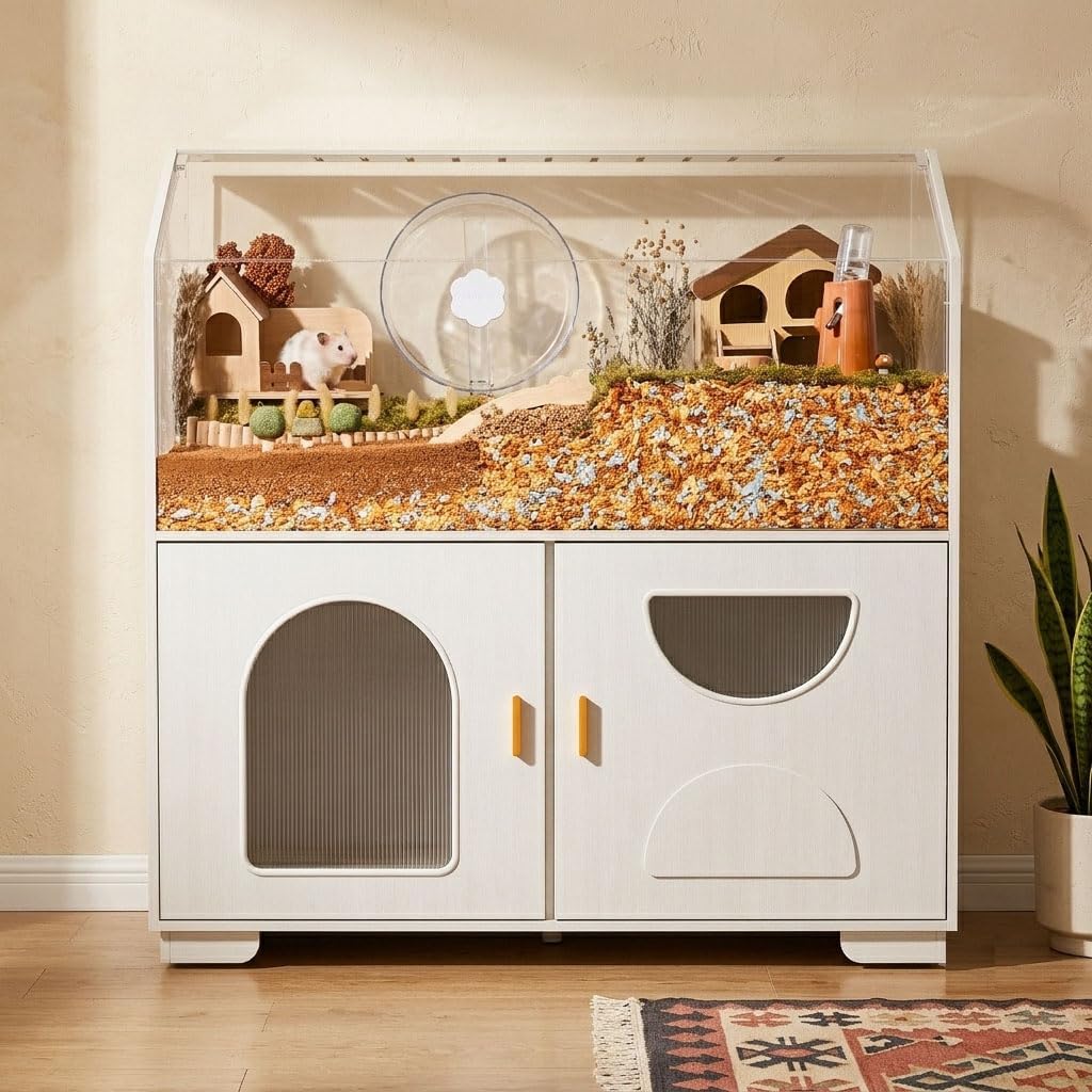BUCATSTATE 39.4″ Wooden Large Hamster Cage with Storage, Off-White