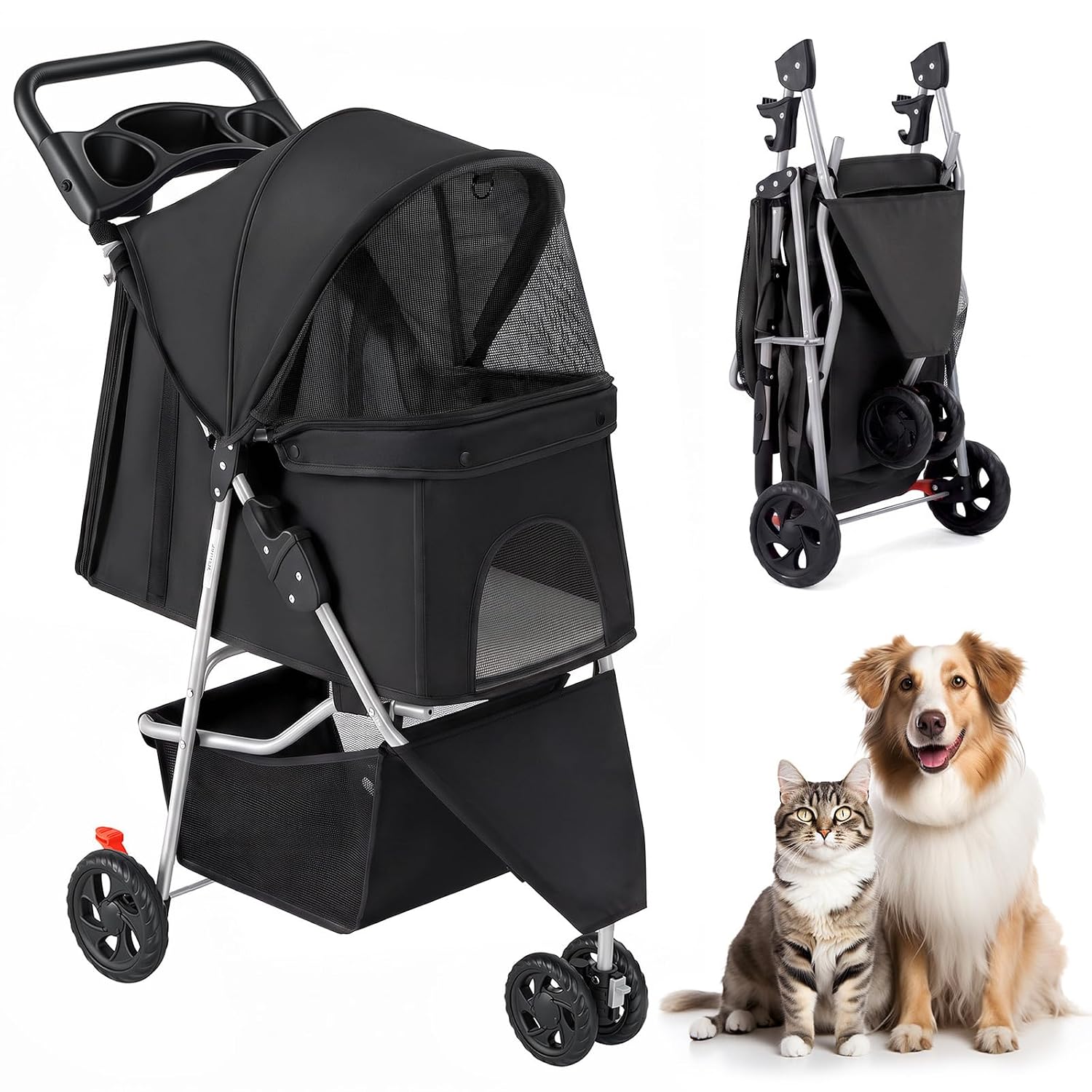 3 Wheel Pet Stroller for Dogs and Cats, Foldable Design