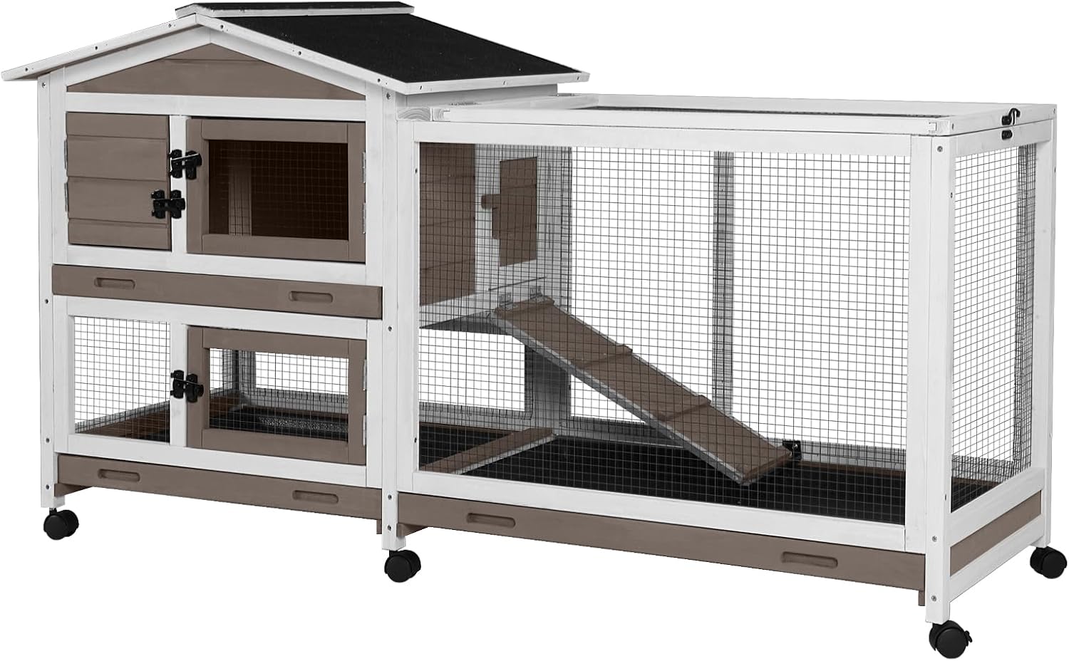 Aivituvin Rabbit Hutch 62″ Rabbit Cage Indoor Outdoor Chicken Coop Guinea Pig Cage on Wheels Bunny Cage with 3 Deep No Leakage Pull Out Tray,Waterproof Roof (Brown)