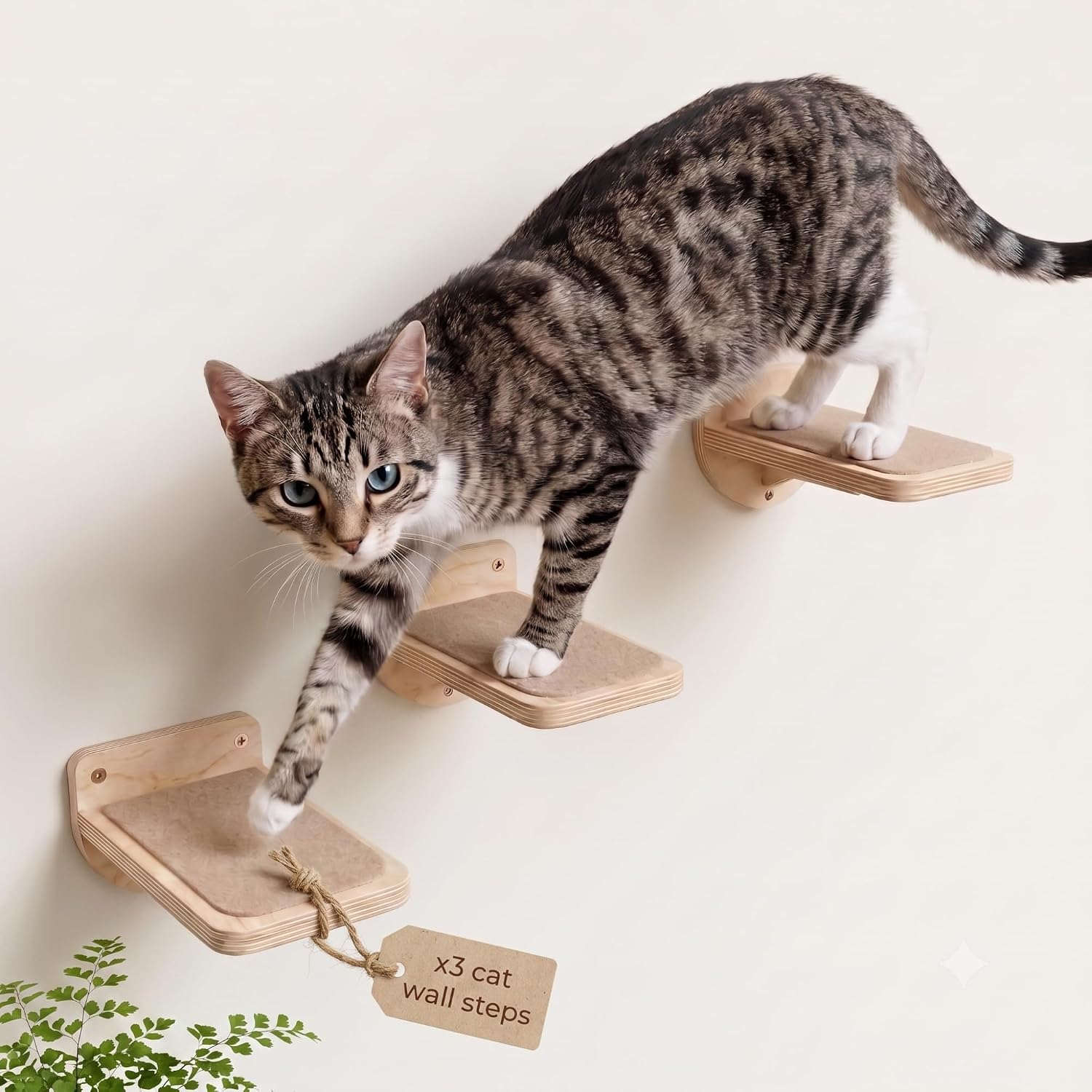INICIO Cat Wall Steps – 3 Pack of Stairs for Cats to Climb – Natural Wood