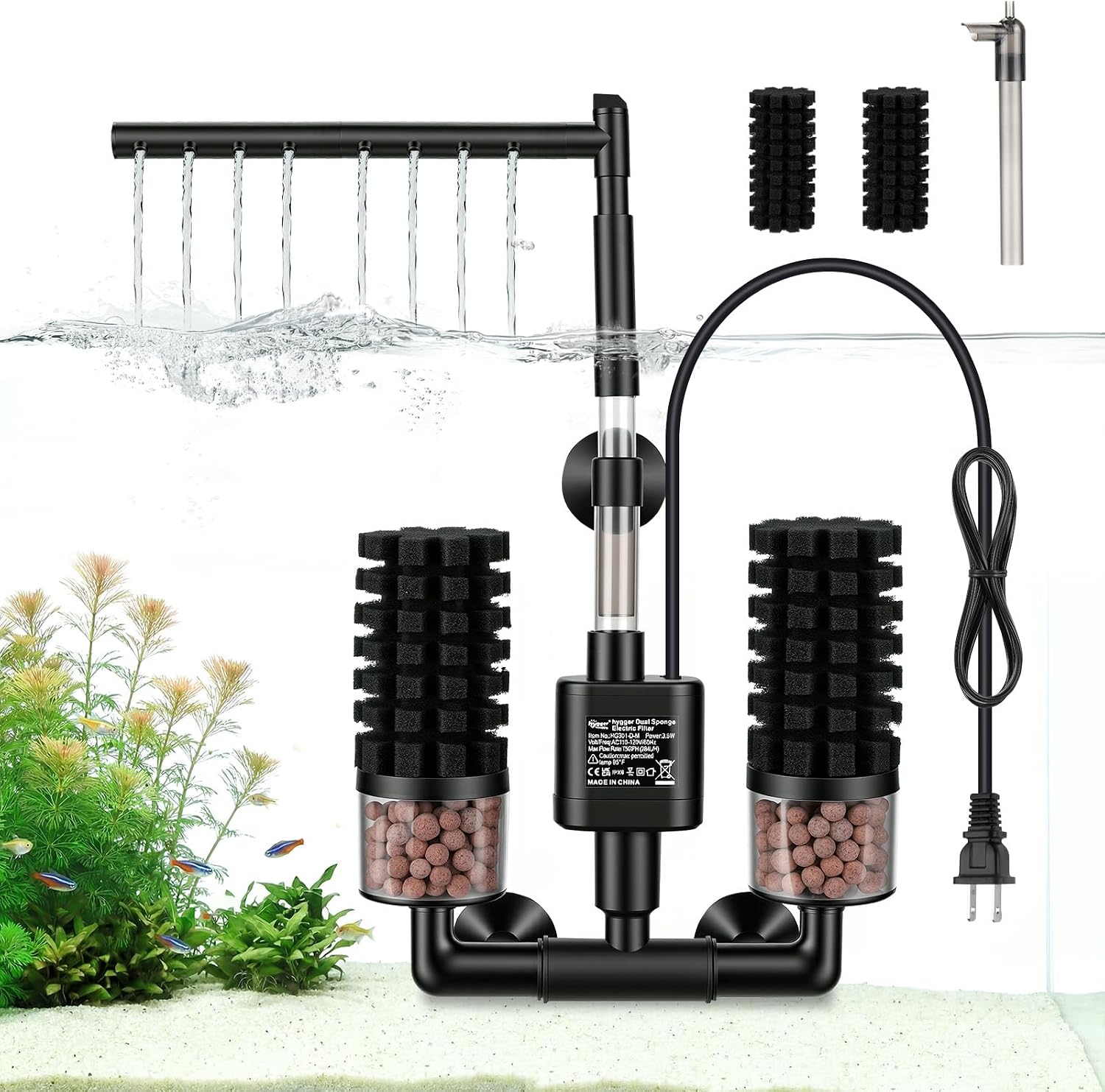 hygger Electric Aquarium Sponge Filter, 3.5W Quiet Fish Tank Filter Pump with 2 Spare Sponge & Bio Media Balls, Adjustable Outlet Venturi & Rain Mode(M for 10-40 Gal Fish Tank)