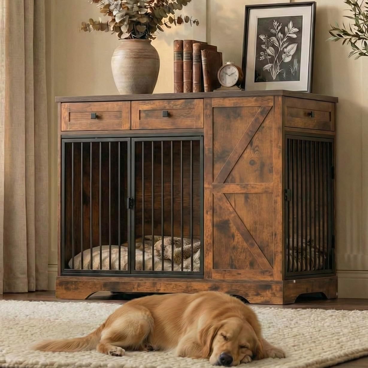 43.3 Inch Dog Crate Furniture with Storage, Wooden Indoor Dog Kennel with 3 Drawers, 2 Feeding Bowls and Side Gate for Medium to Large Dogs, Brown