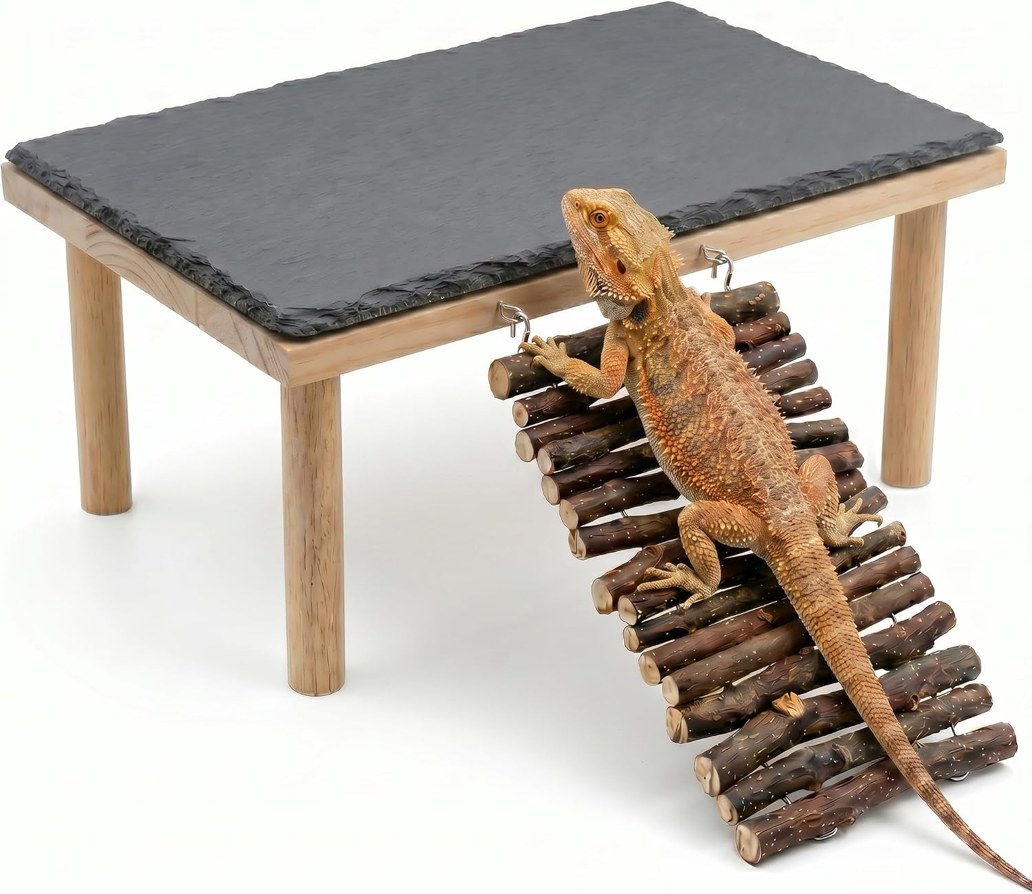Bearded Dragon Basking Platform, Natural Slate Reptile Basking Rock with Wooden Climbing Ramp, Terrarium Habitat Decor for Lizard, Leopard Gecko, Tortoise, Snake