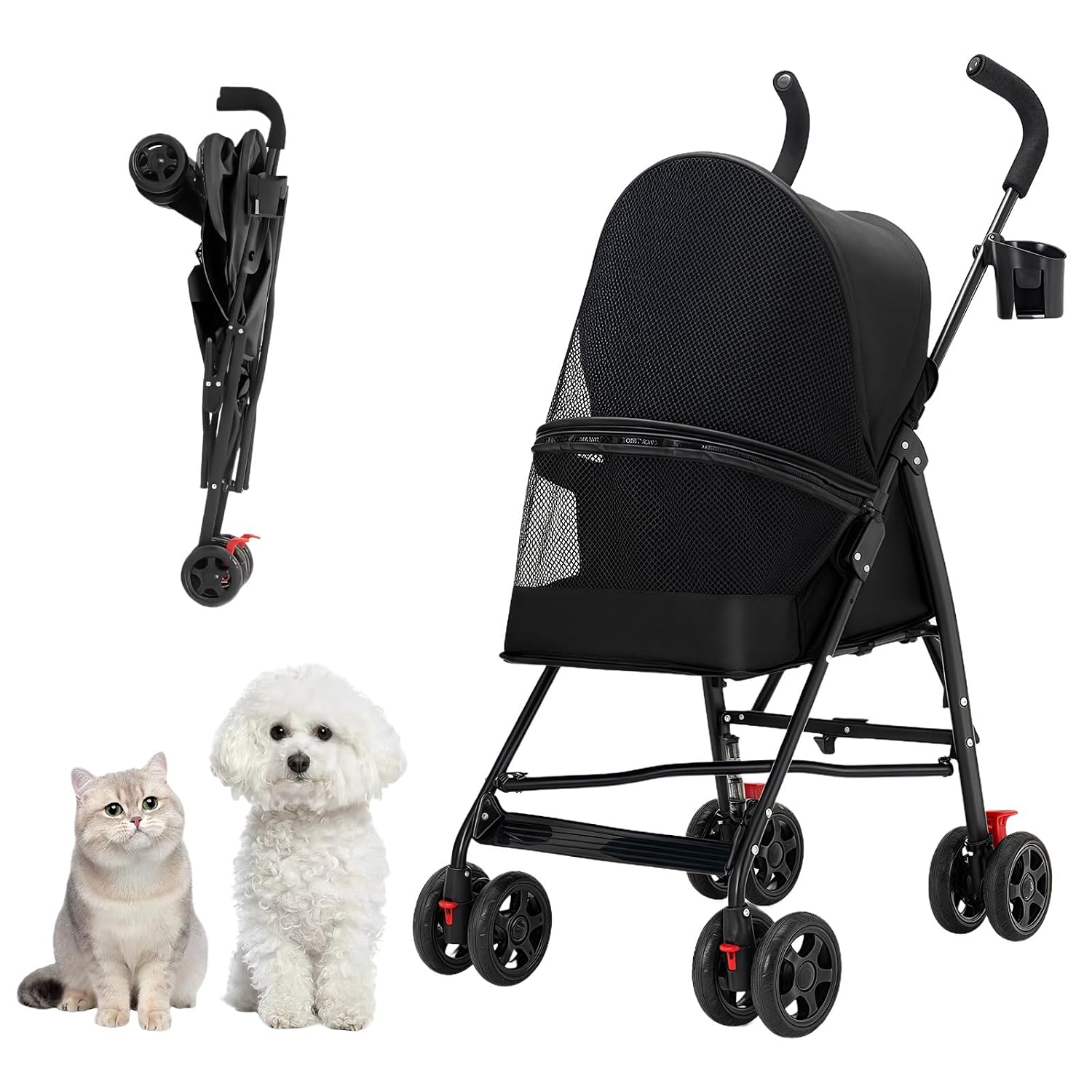 Cat Stroller Foldable Lightweight for Small Dogs Cats 0-15 lb Black