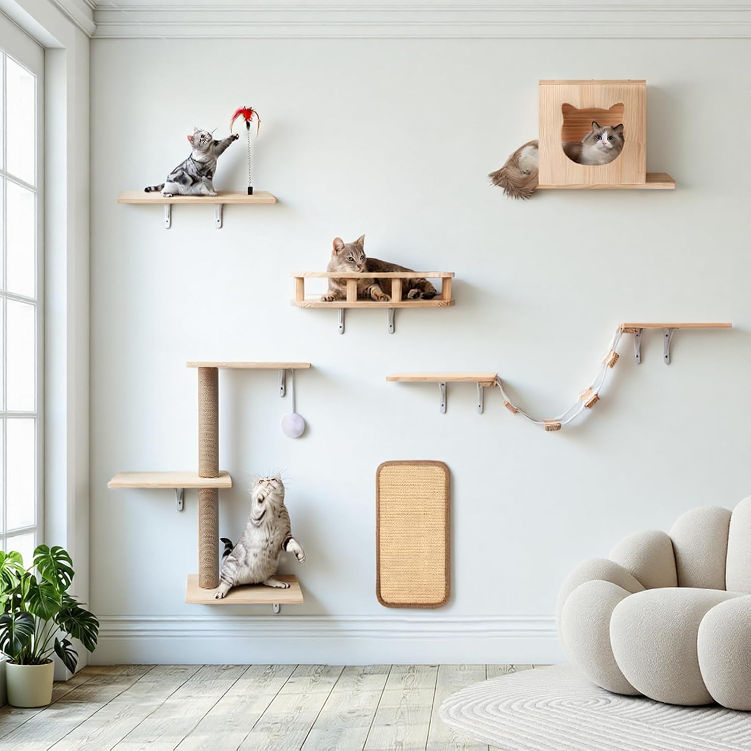 Cat Wall Shelves, Solid Wooden Wall-Mounted Cat Furniture