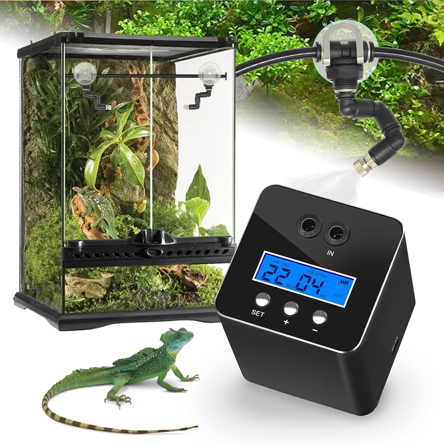 Reptile Mister System, Reptile Humidifier for Terrariums, Auto Mister with 2 Spray Nozzles for Reptiles, Snakes, Frogs, Plants