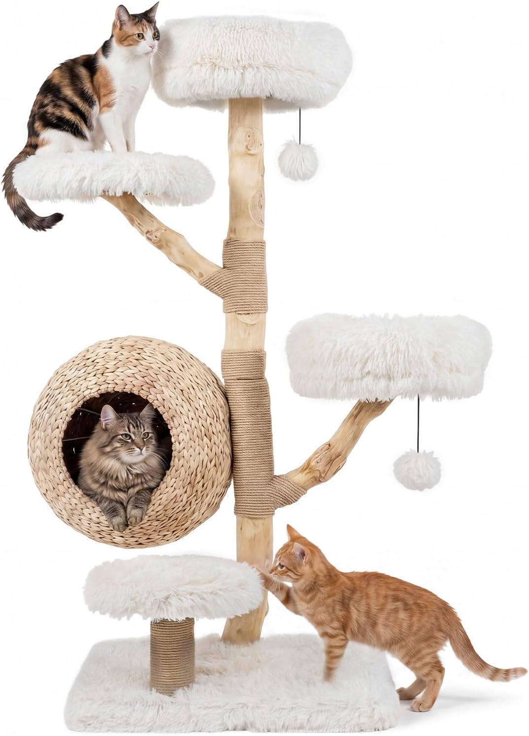 PETSITE 53-inch Wood Cat Tree, Multi-Level Modern Wooden Cat Tower with Scratching Posts, Woven Cat Condo, and Interactive Hanging Balls, Ideal for Indoor Cats and Kittens (White)