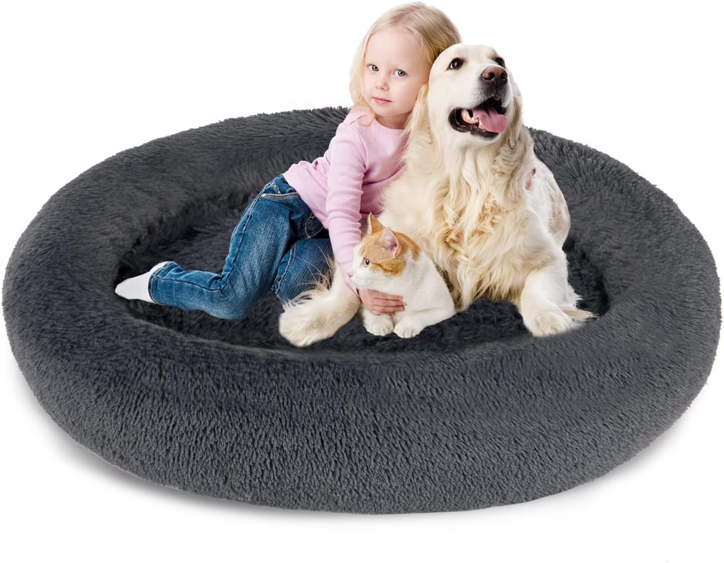 SAVFOX 54 inches Calming Donut Dog Bed – 3X Durable Plush Faux Fur, Machine Washable & Non-Slip, Fits up to 210 lbs, Removable Cover, Dark Grey