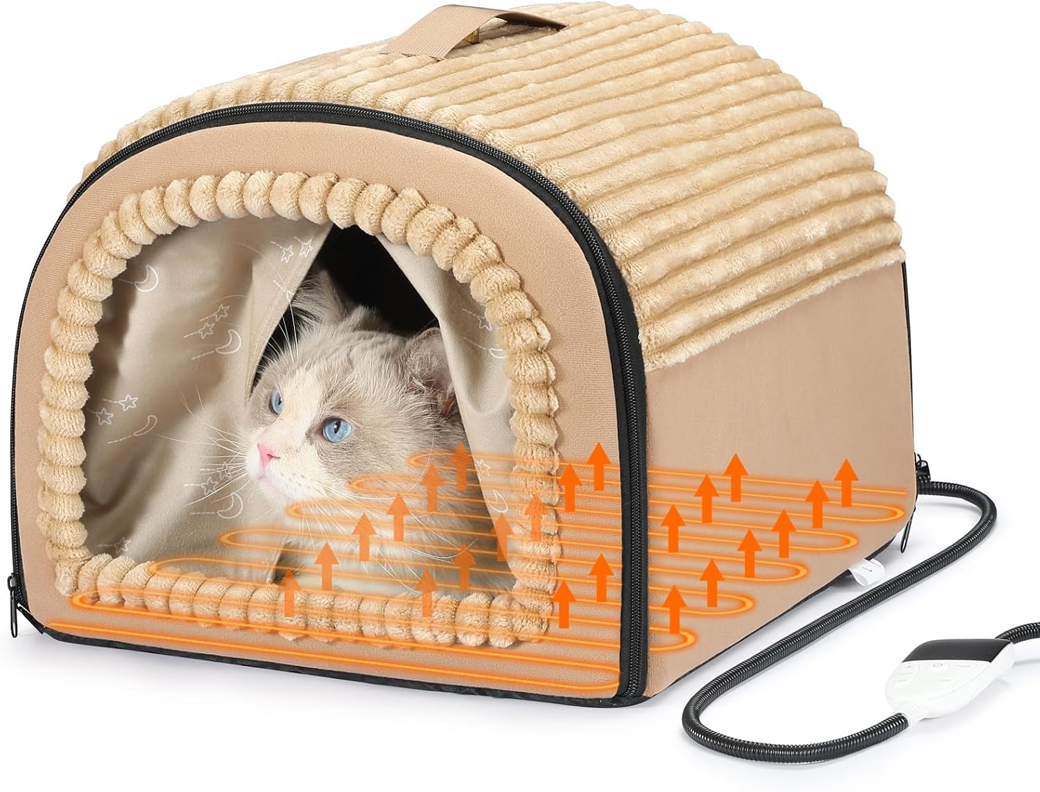 Smart Heated Cat Bed Cave Pet House for Indoor Cats & Small Dogs, Washable & Foldable with Removable Cushion, 17.72×14.96×12.6 inches, Brown