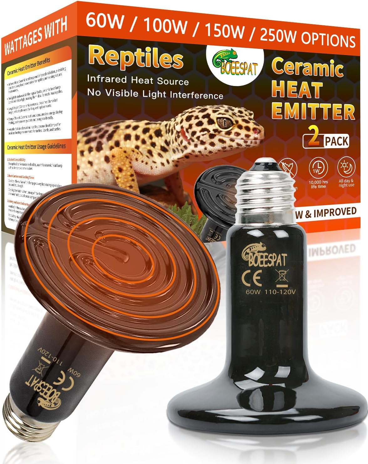60W Ceramic Heat Emitters, Pack of 2 Reptile Heat Lamp Bulbs for Bearded Dragon, Lizard, Iguana, Geckos & Amphibians Pets Basking (Black, 60 Watts)
