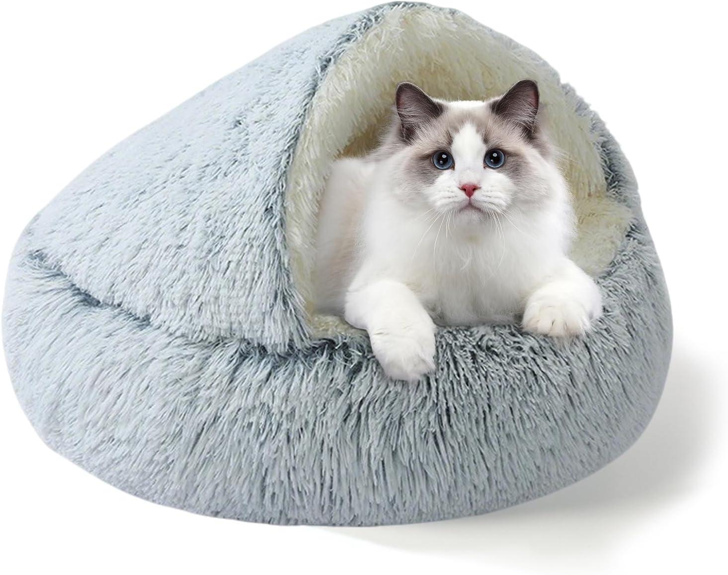 YUDANSI Calming Cat Beds for Indoor Cats – Plush Fluffy Hooded Cave Nest, Anti-Slip Self-Warming Pet Beds, Washable Built-in No-Collapsing Support (Grey-50cm/20in)