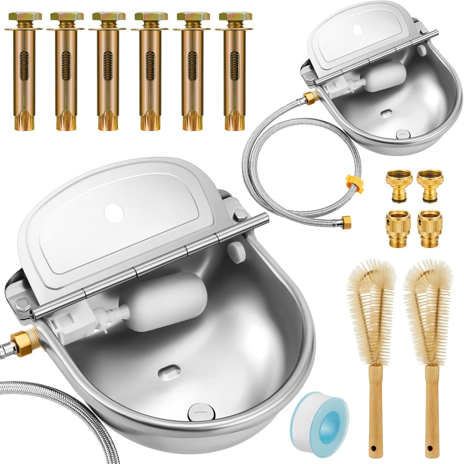 Tessco 2 Sets 4L/135oz Automatic Animal Drinking Water Trough Bowl with Float Valve Waterer Kit Livestock for Dog Horse with Pipe Connector Countersunk Bolt(Normal Style,Stainless Steel)