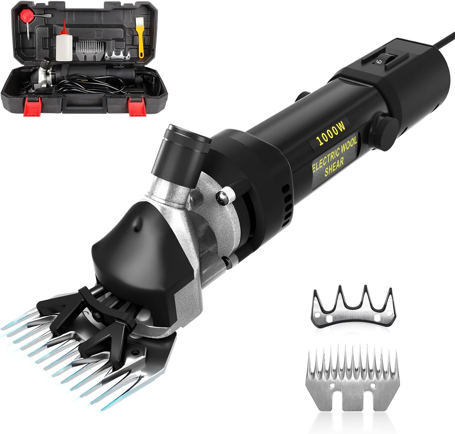 PAT JUUMG Sheep Shears,1000W Professional Heavy Duty Electric Animal Grooming Clippers for Livestock, Horses, Goats, Cattle, with 6-Speed Settings and 2 Detachable Blades for Thick Goats (Black)
