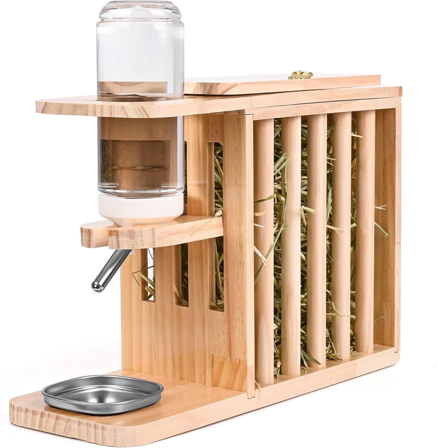 Wooden Small Animals Hay Feeder with Adjustable Water Bottle & Tray