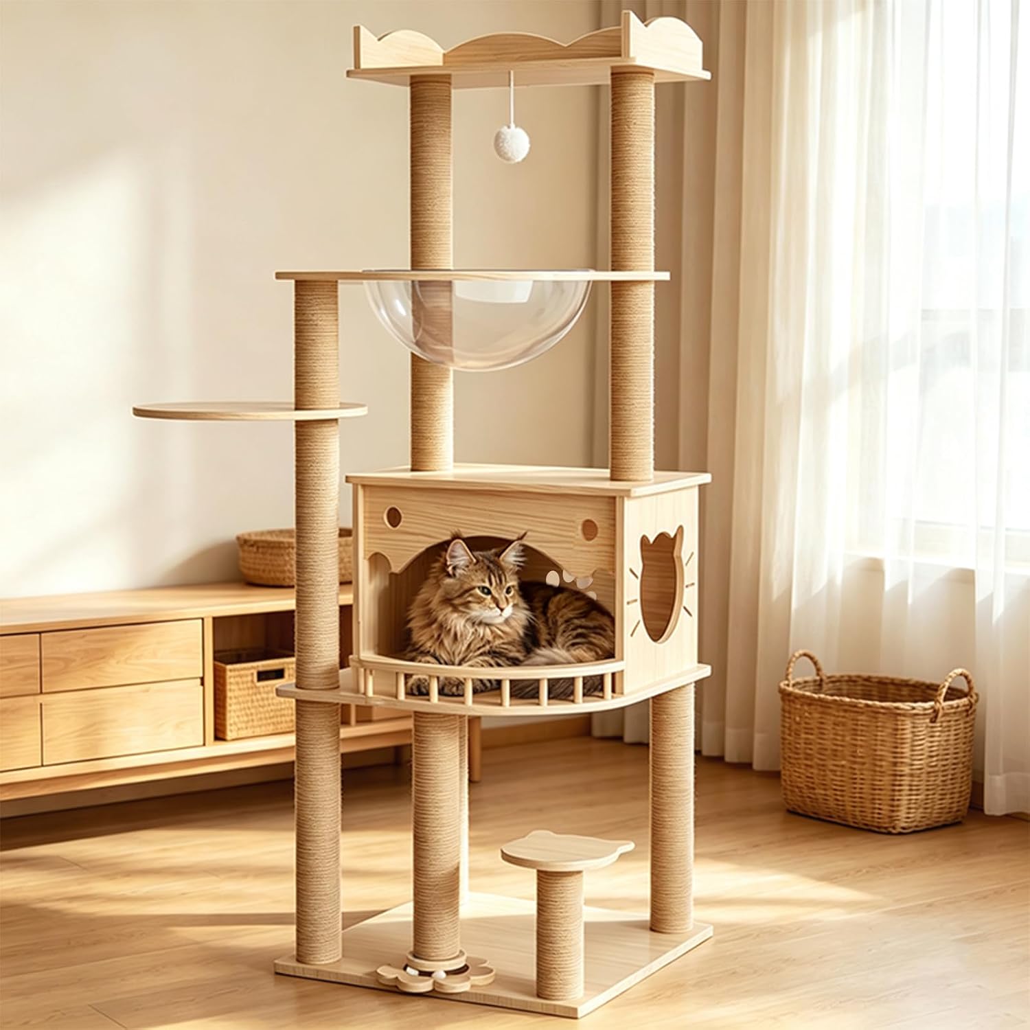 KVIDA 56.7″ Solid Wood Cat Tree for Large Cats, Heavy Duty Cat Tower