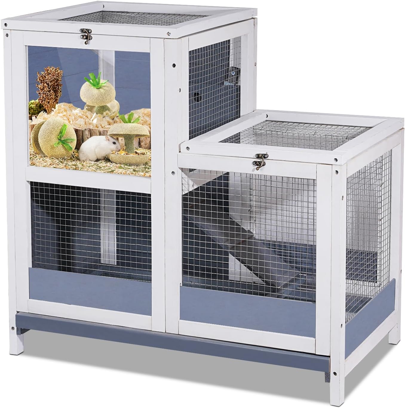 2-Story Guinea Pig Cages Wooden Indoor Rabbit Hutch Hamster Cage with Openable Roofs, Removable Tray and Wide Ramp, Small Animal Habitats for Hamsters, Guinea Pig, Ferrets, Hedgehog