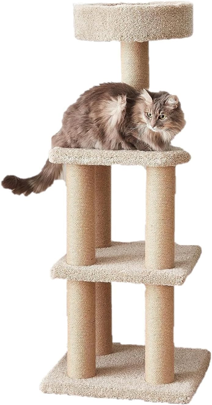 Amazon Basics Cat Tree Tower – Multi-Level Climbing Activity Center for Indoor Cats & Kittens with Scratching Posts, Platform, Jute Rope, Large (45.9″H), Beige