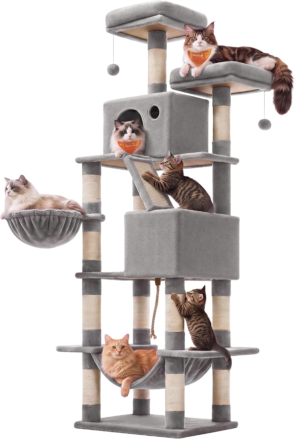 Feandrea Cat Tree, 81.1-Inch Large Cat Tower, Multi-Level Condo, Light Gray