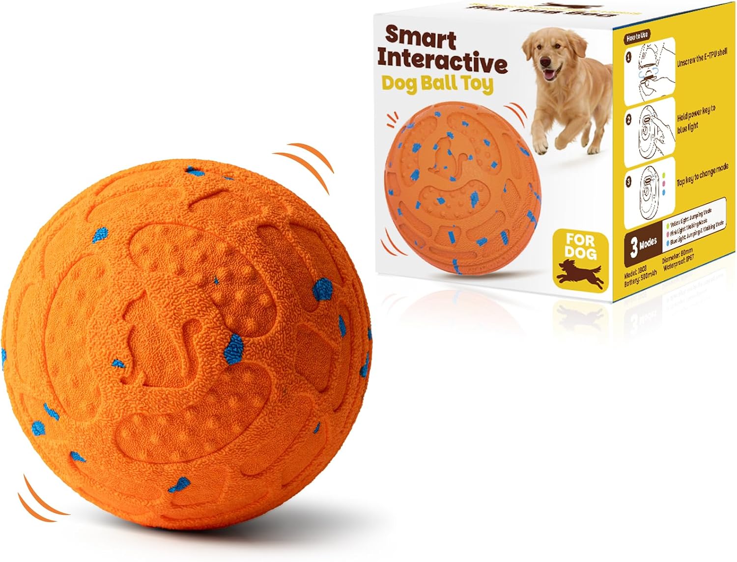 KITPLUS Smart Interactive Dog Toy Ball – Automatic Moving, Bouncing & Rolling, 3 Modes, Chew-Proof E-TPU Shell, Waterproof, Rechargeable,Dog Ball for Medium and Large Dogs, Orange