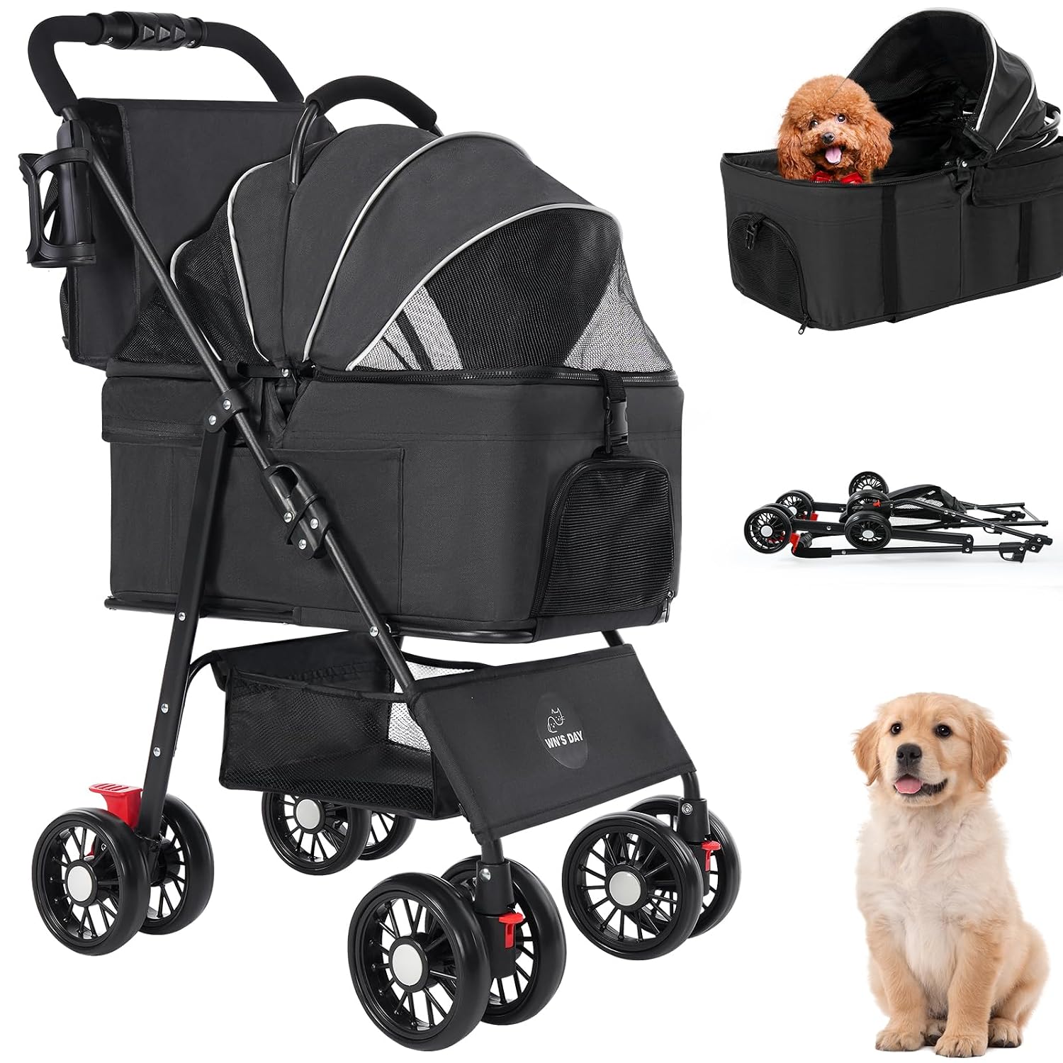 3 in 1 Pet Dog Stroller for Small Medium Dogs 10-50 lbs, Foldable Cat-Strollers for 2-Cats with Removable Carrier, Pet-Strollers for Cats with Storage Bag, Small Puppy-Stroller, Dog-Cart (Black)
