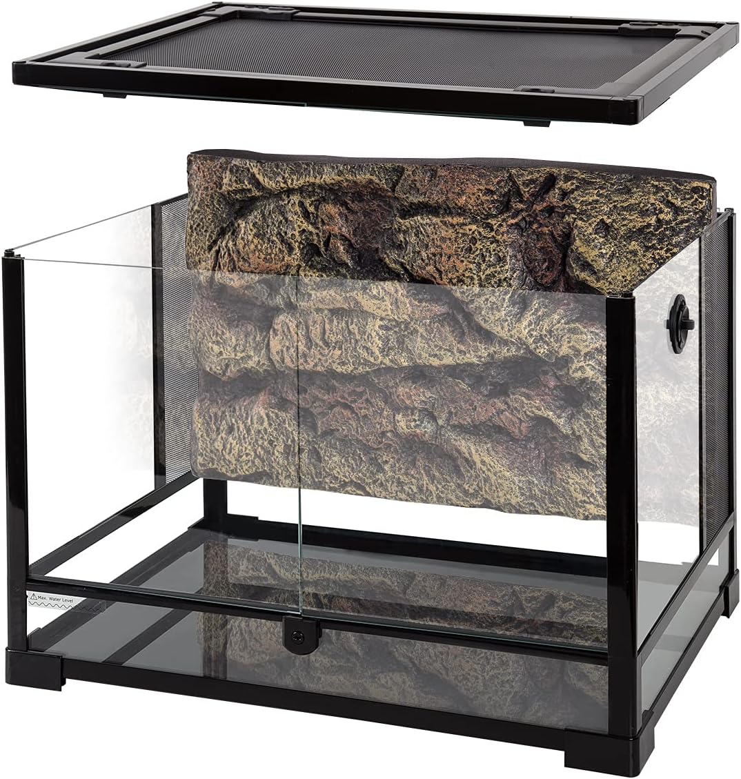 REPTI ZOO 34 Gallon Large Reptile Glass Terrarium Tank with Foam Backgrounds,Double Hinge Door with Screen Ventilation Reptile Terrarium 24″ x 18″ x 18″(Knock-Down)
