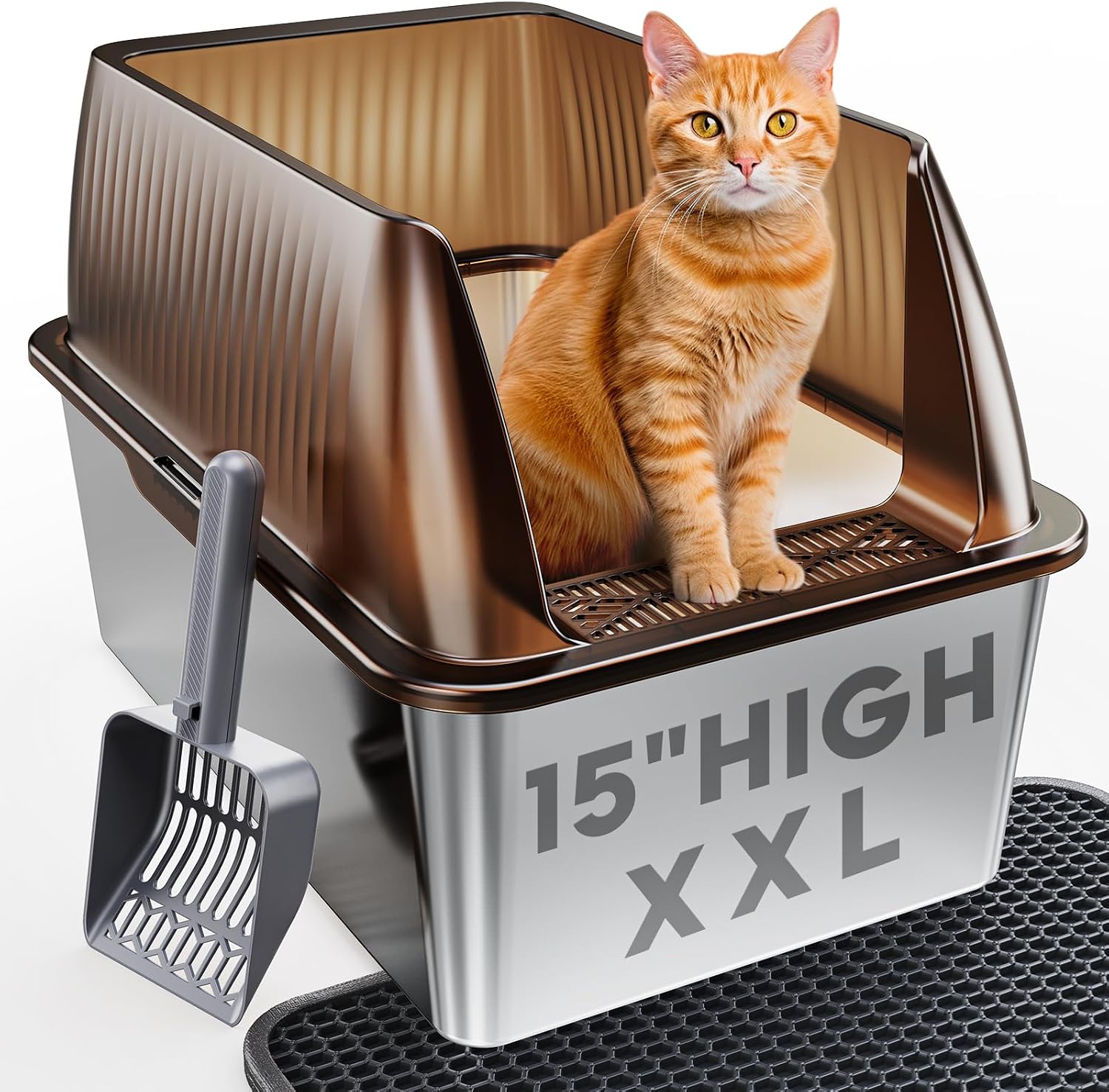 Tripamin 15”Stainless Steel Cat Litter Box Enclosure, XXL Stainless Steel High Sides with Lid, Extra Large Metal Cat Litter Box, Anti Leakage, Non-Sticky, Easy Cleaning, Includes Scoop