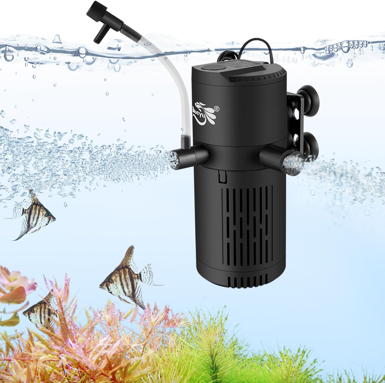 Aquarium Filter, Fish Tank Filter 4-in-1 for 10-30 Gallon Tanks, Submersible Internal Filter with Wave-Maker, Oxygenation & Adjustable Air Flow for Freshwater/Saltwater/Turtle Tanks (8W)