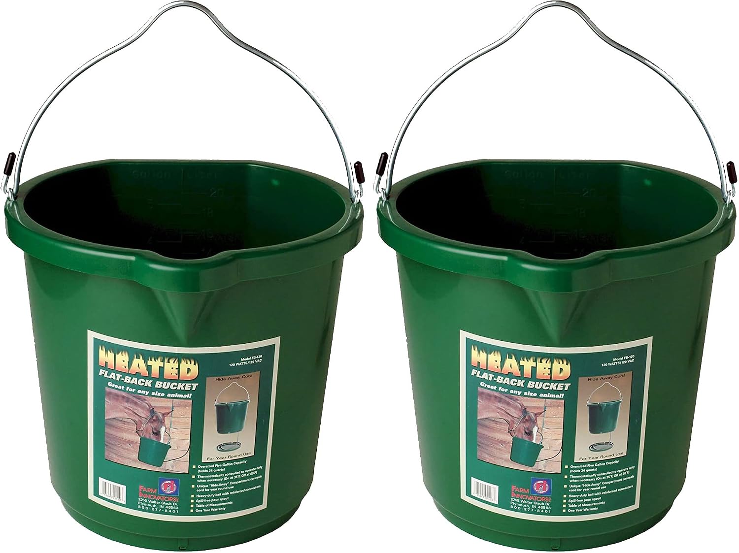 Farm Innovators Heated Flat-Back Water Bucket, 120 Watts, 5 Gallon, 2-Pack