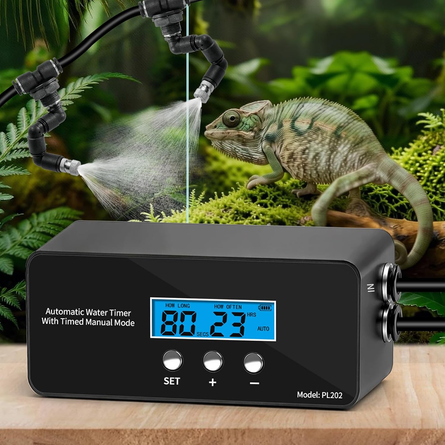 Reptile Misting System, Automatic Timer Sprayer with LCD Controller, Self-Priming Pump, Fine Mist Rainforest Spray for Terrarium, Chameleon, Gecko & Snake