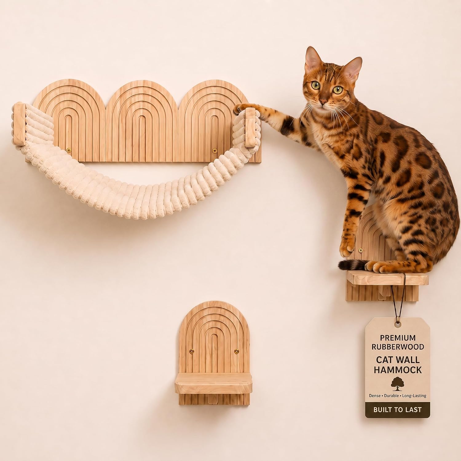 Wall Mounted Cat Hammock Bed with Steps & Scratching Post for Large Cats – 3-in-1 Cat Wall Shelf & Perch, Natural Paintable Wood, Holds 30 lbs