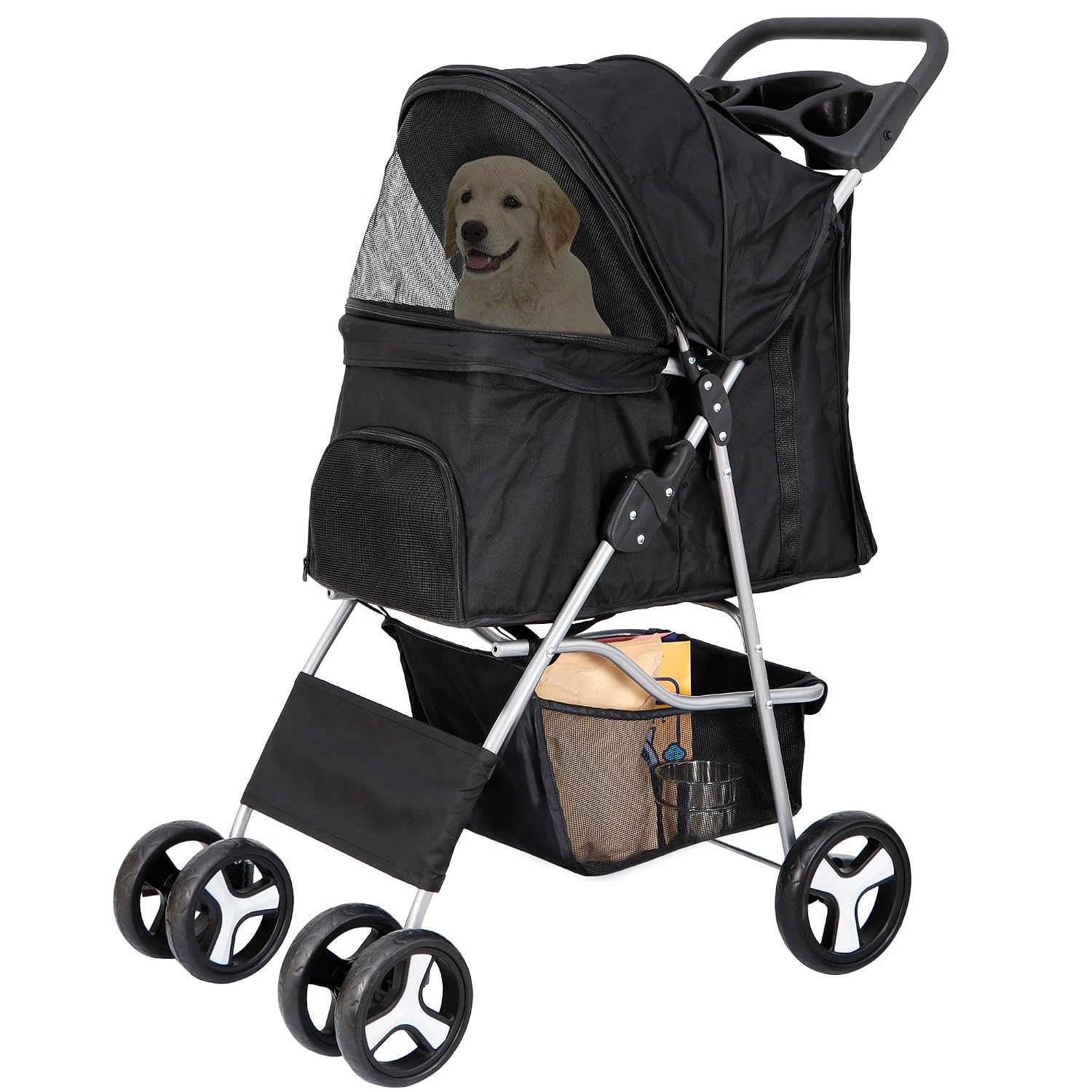 4 Wheels Pet Stroller Dog Cat Stroller for Small Medium Dog Cats Foldable Carrier Jogger Travel Puppy with Storage Basket and Cup Holder (Black)