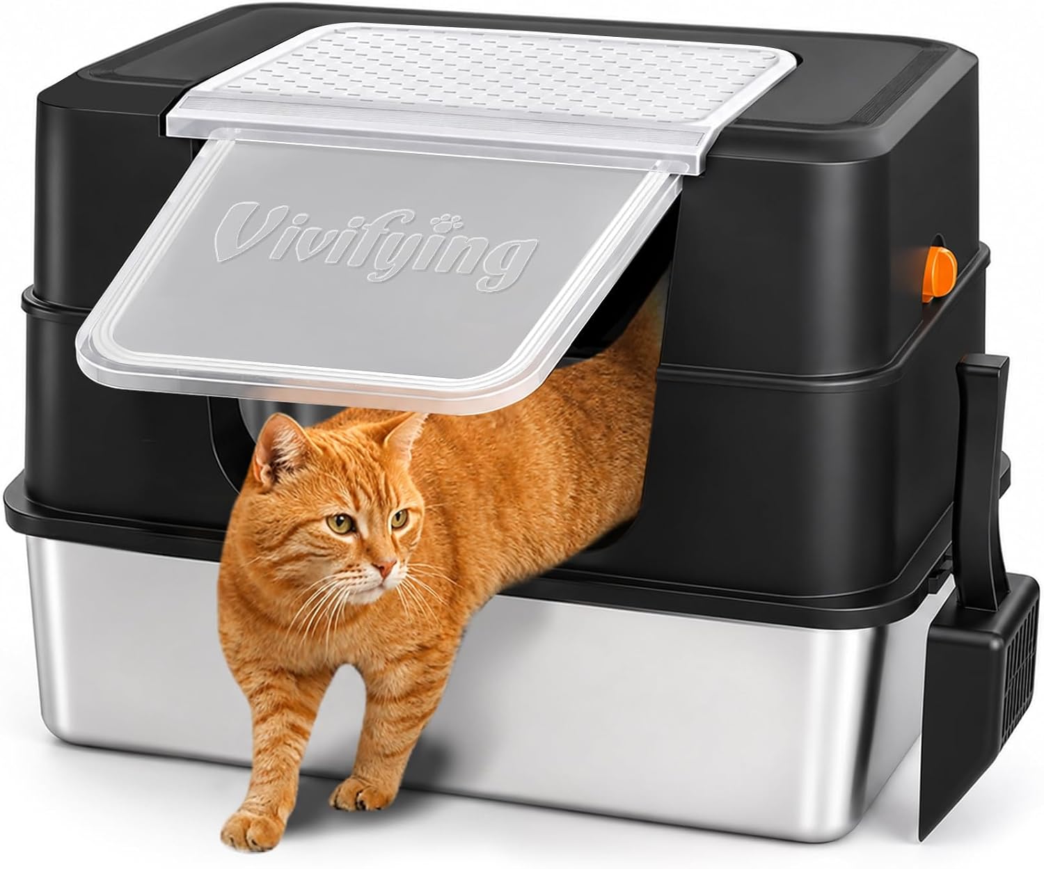 Vivifying XL Stainless Steel Cat Litter Box with Lid, Side Entry, Black