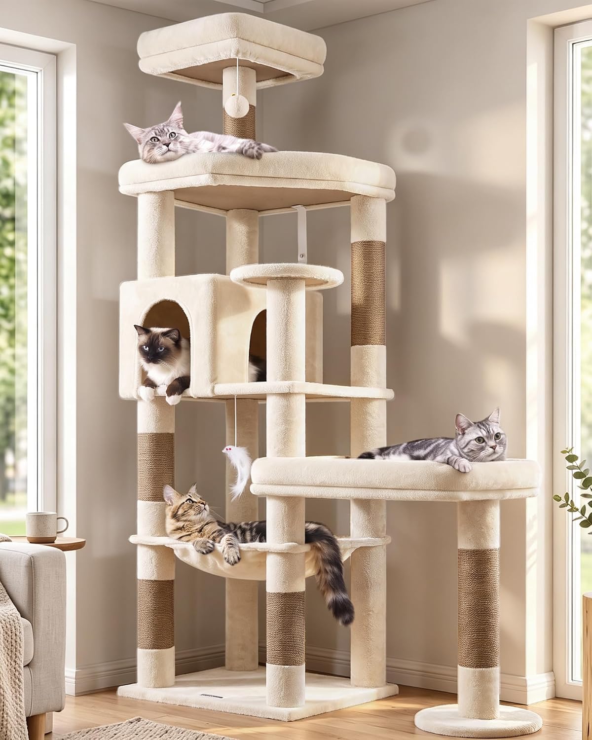 Globlazer 65in Sturdy Cat Tree Tower for Indoor Large Cats, S65, Beige