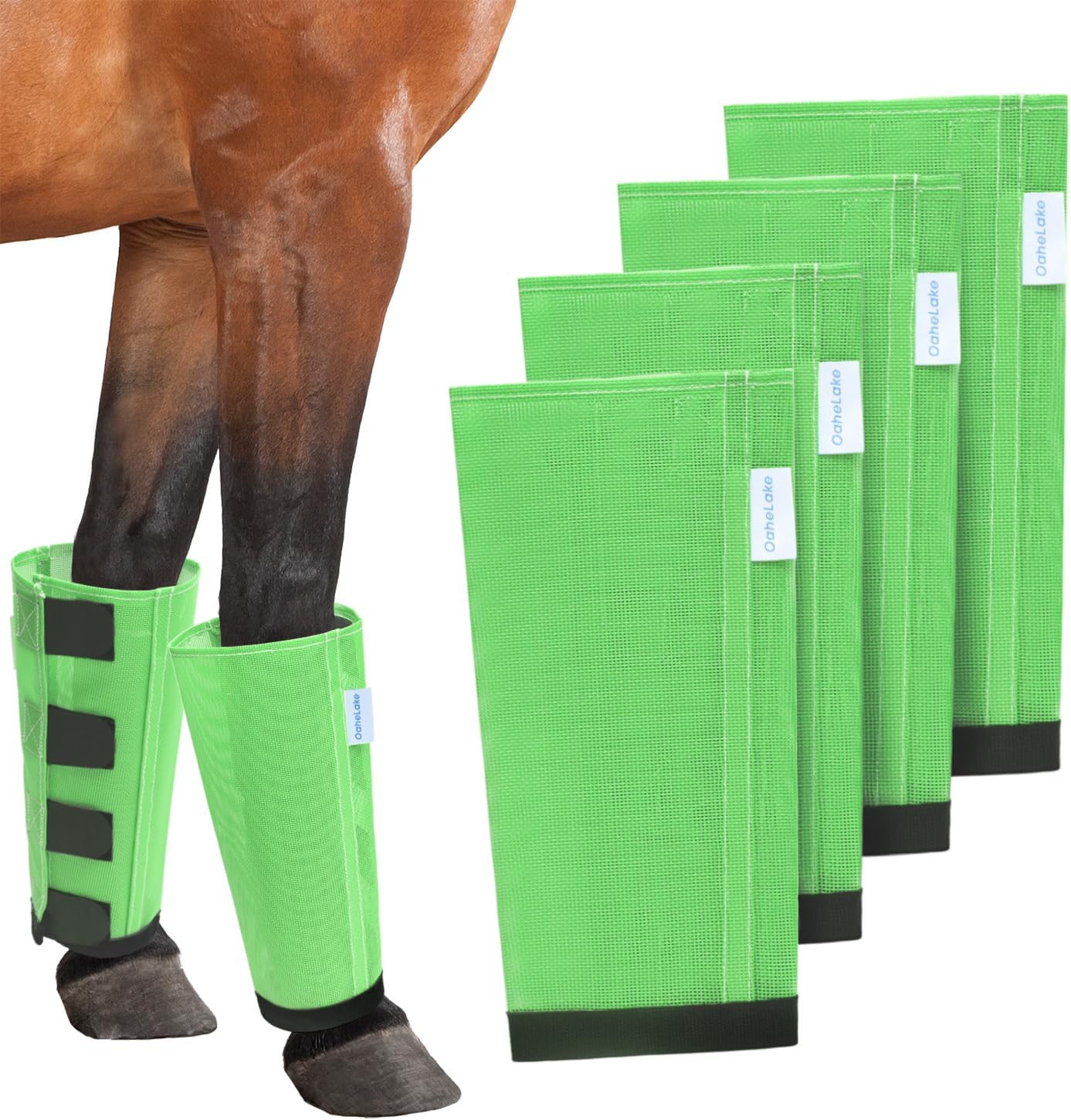 Mesh Horse Fly Boots Set of 4, Loose Fitting Leggings for Horses, Reduce Stressful Stomping, Breathable Adjustable and Universal Fit for 4 Legs, Reliable Stay Put (Green)