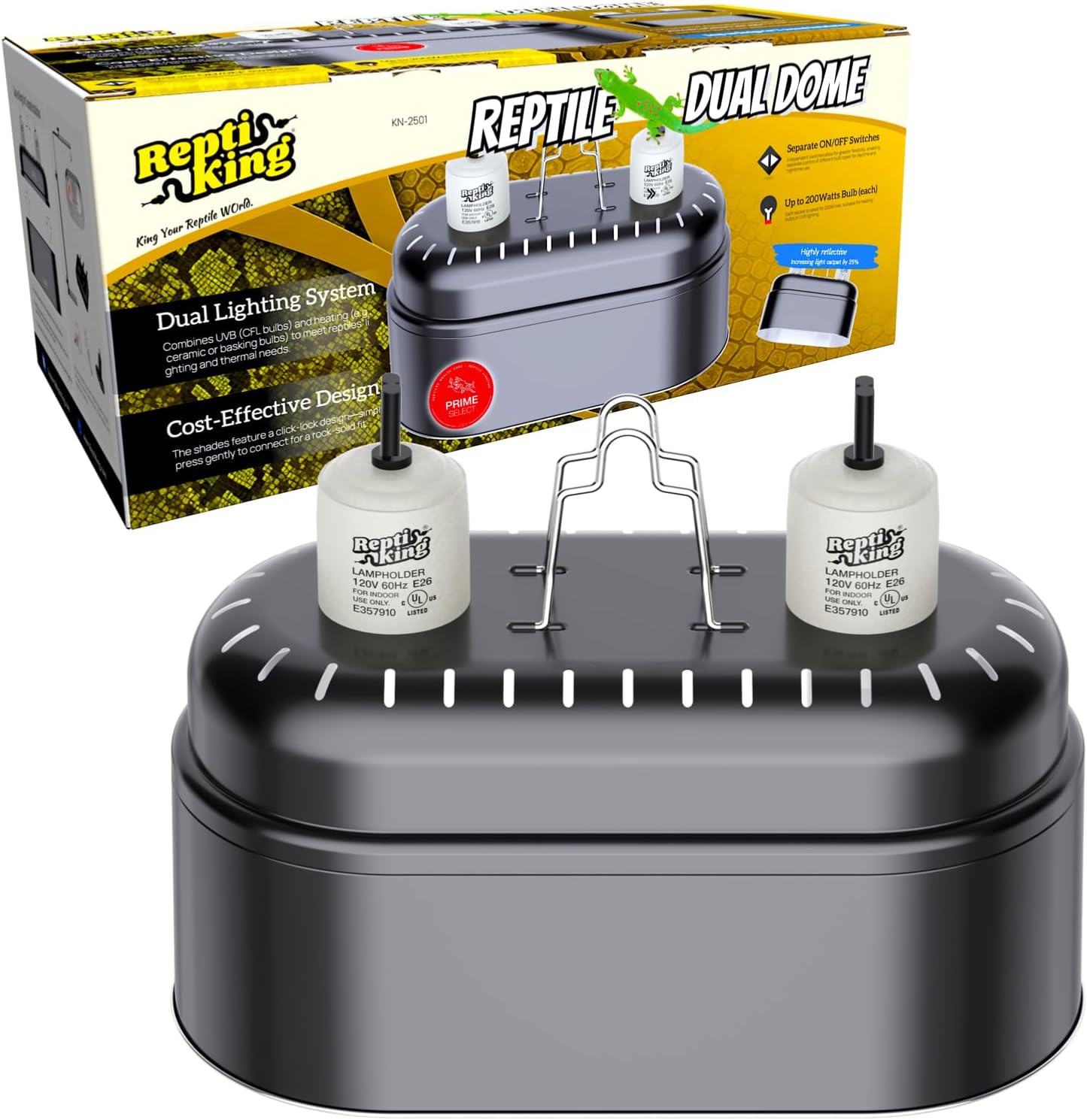 Reptile Dual Light Fixture, Double Deep Dome for Reptile Light/Heat Lamp/UVB Light, Snap-on Lamp Fixture Holder for Beared Dragon/Snake/Turtle/Lizard Tank Accessories