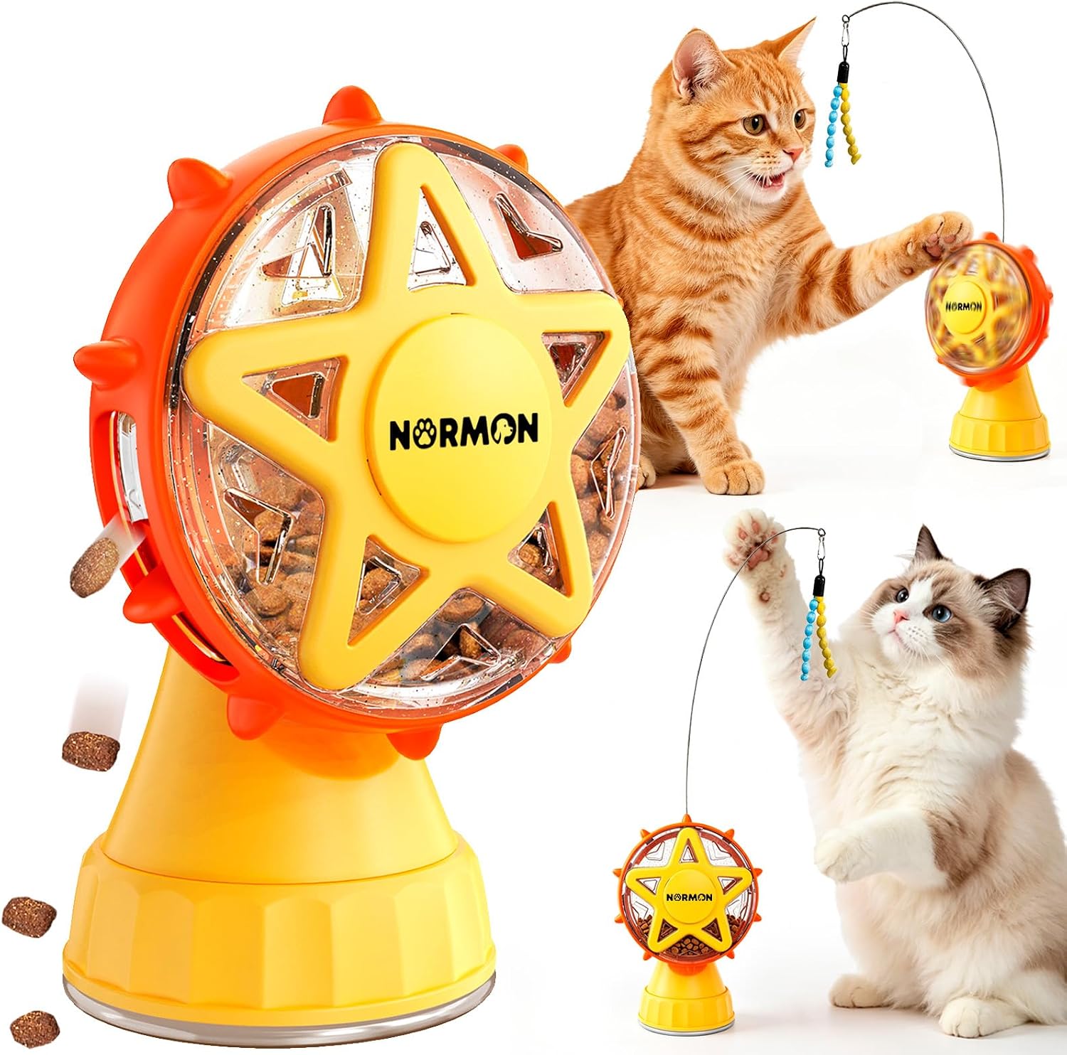 NORMON Cat Treat Dispenser, Ferris Wheel Puzzle Feeder Toy with Teaser Wand
