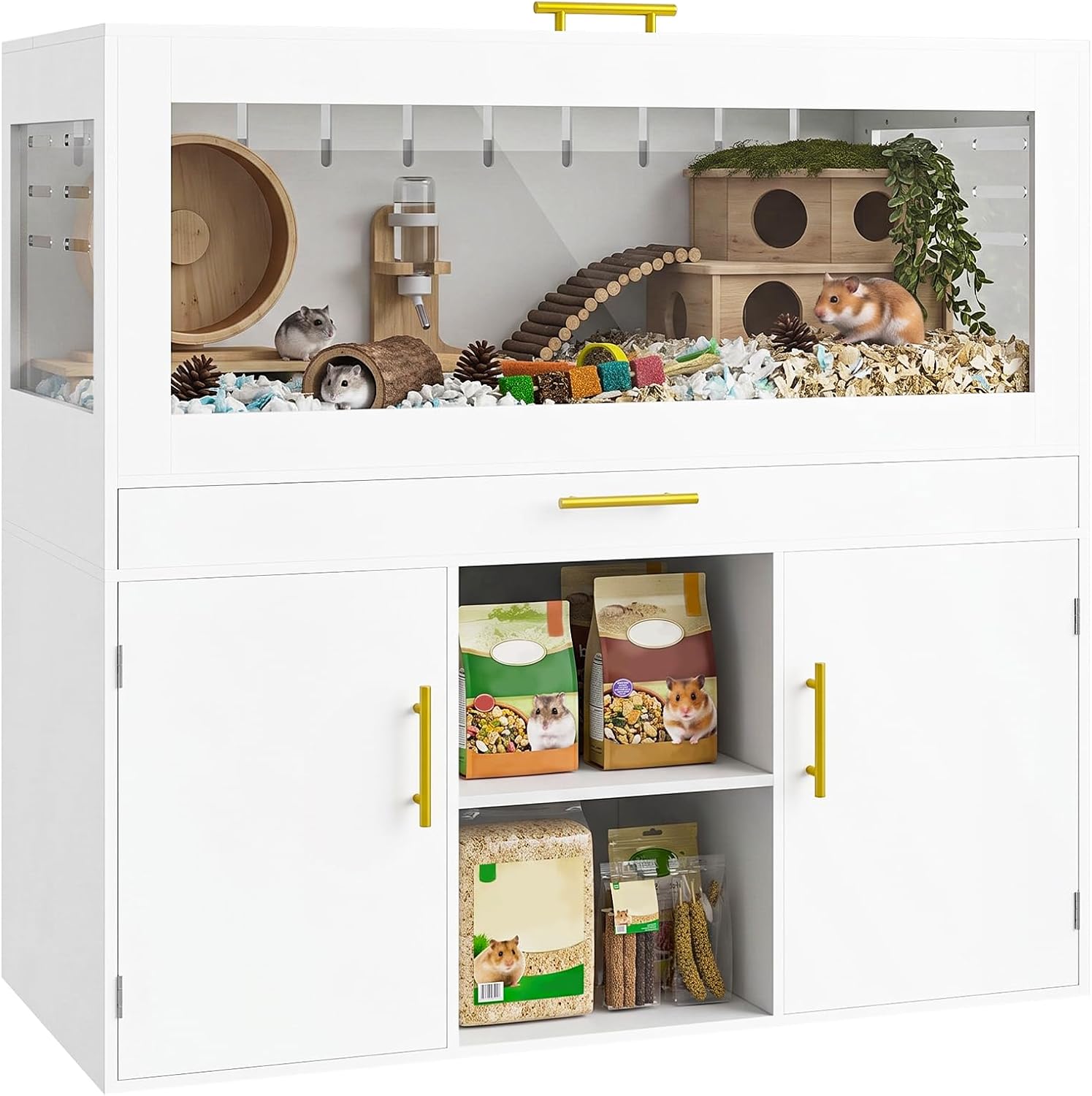 HOOBRO Large Hamster Cage with Sorage Cabinet, Small Animal Cages with Pull-Out Tray, Easy View Acrylic Panels for Rabbit, Guinea Pig, Hedgehog, Hamster Enclosure with Flip-Top Lid, White WT02AC03